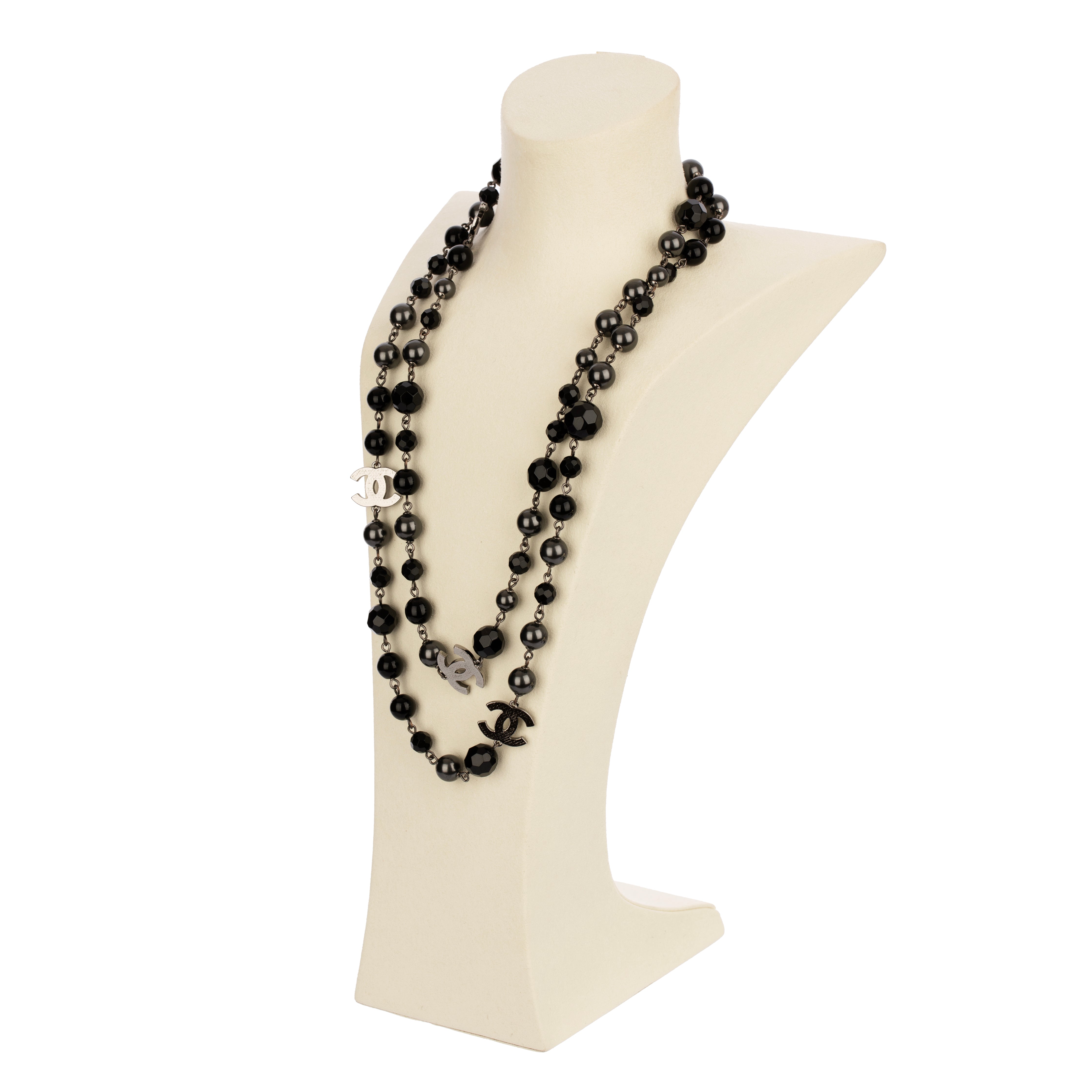 Chanel Black Faux Pearl and Crystal 116cm Necklace with Aged Silver Tone Hardware