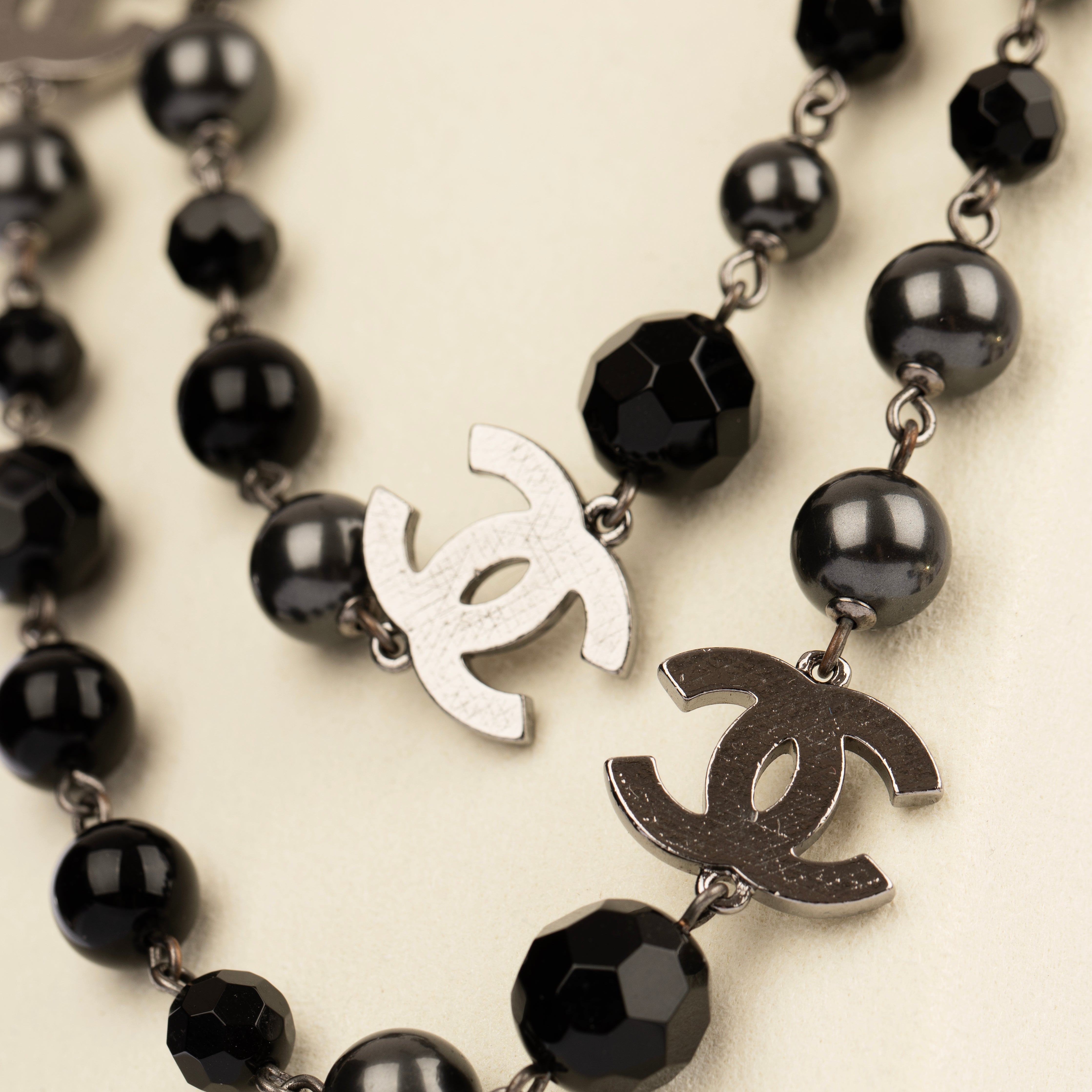 Chanel Black Faux Pearl and Crystal 116cm Necklace with Aged Silver Tone Hardware