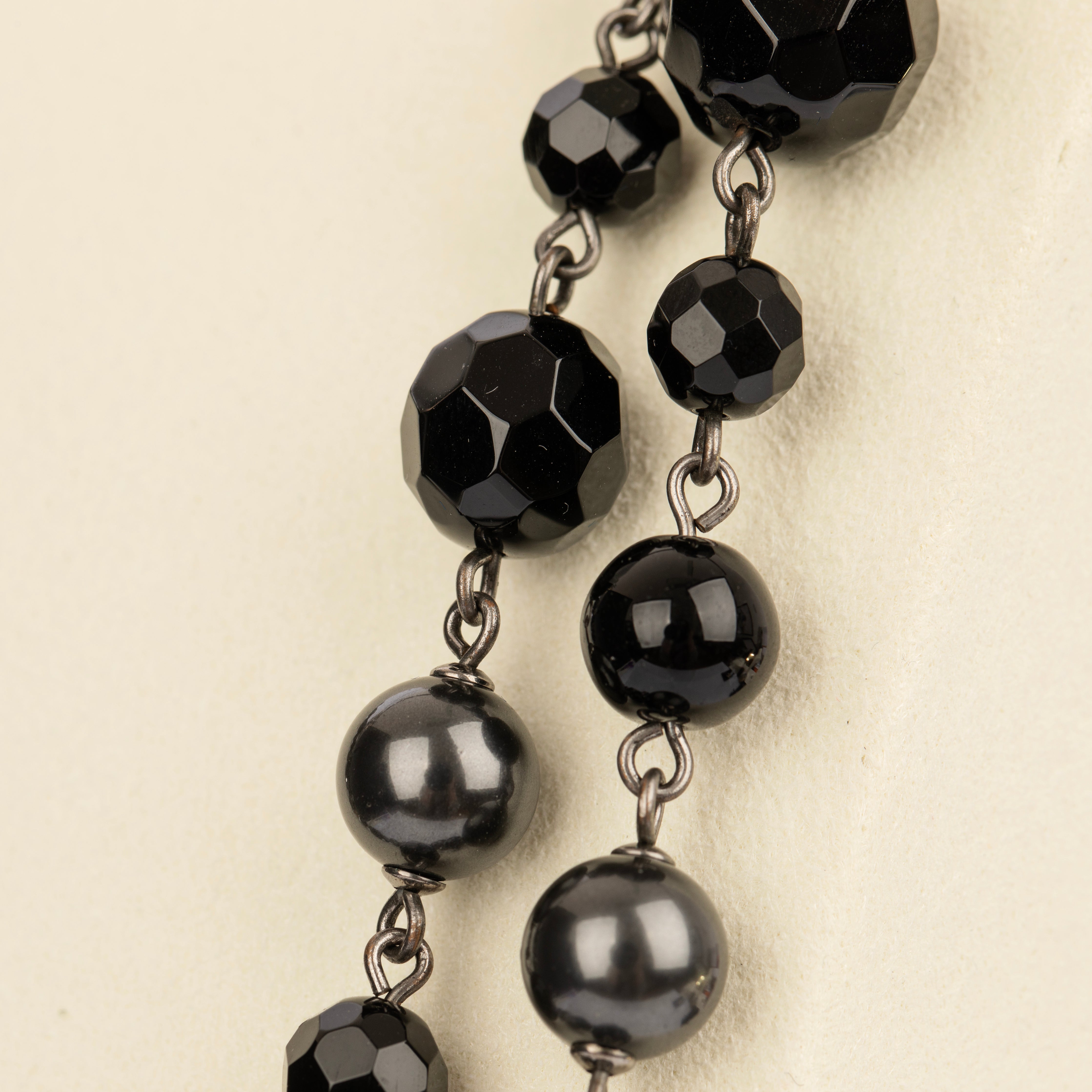 Chanel Black Faux Pearl and Crystal 116cm Necklace with Aged Silver Tone Hardware