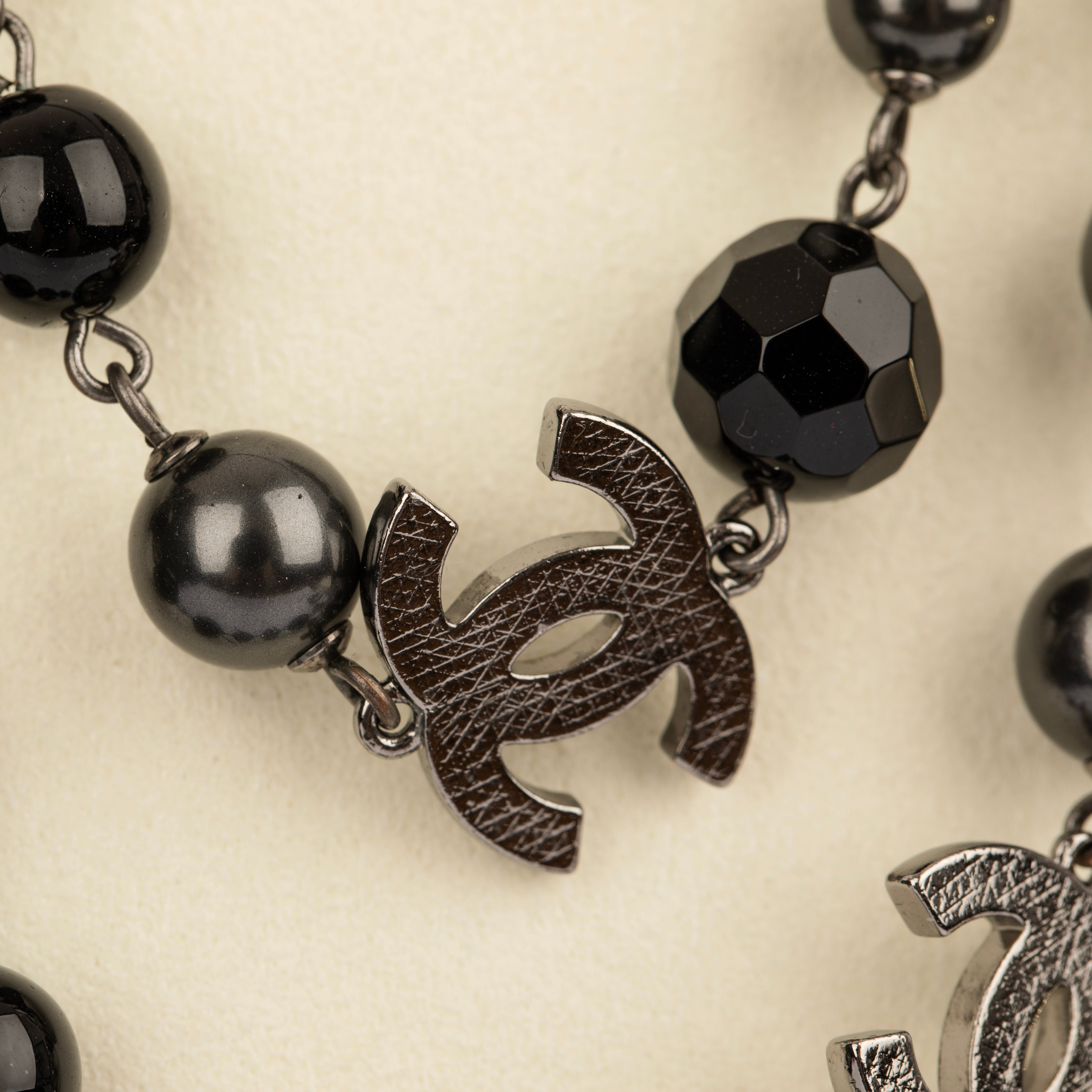 Chanel Black Faux Pearl and Crystal 116cm Necklace with Aged Silver Tone Hardware