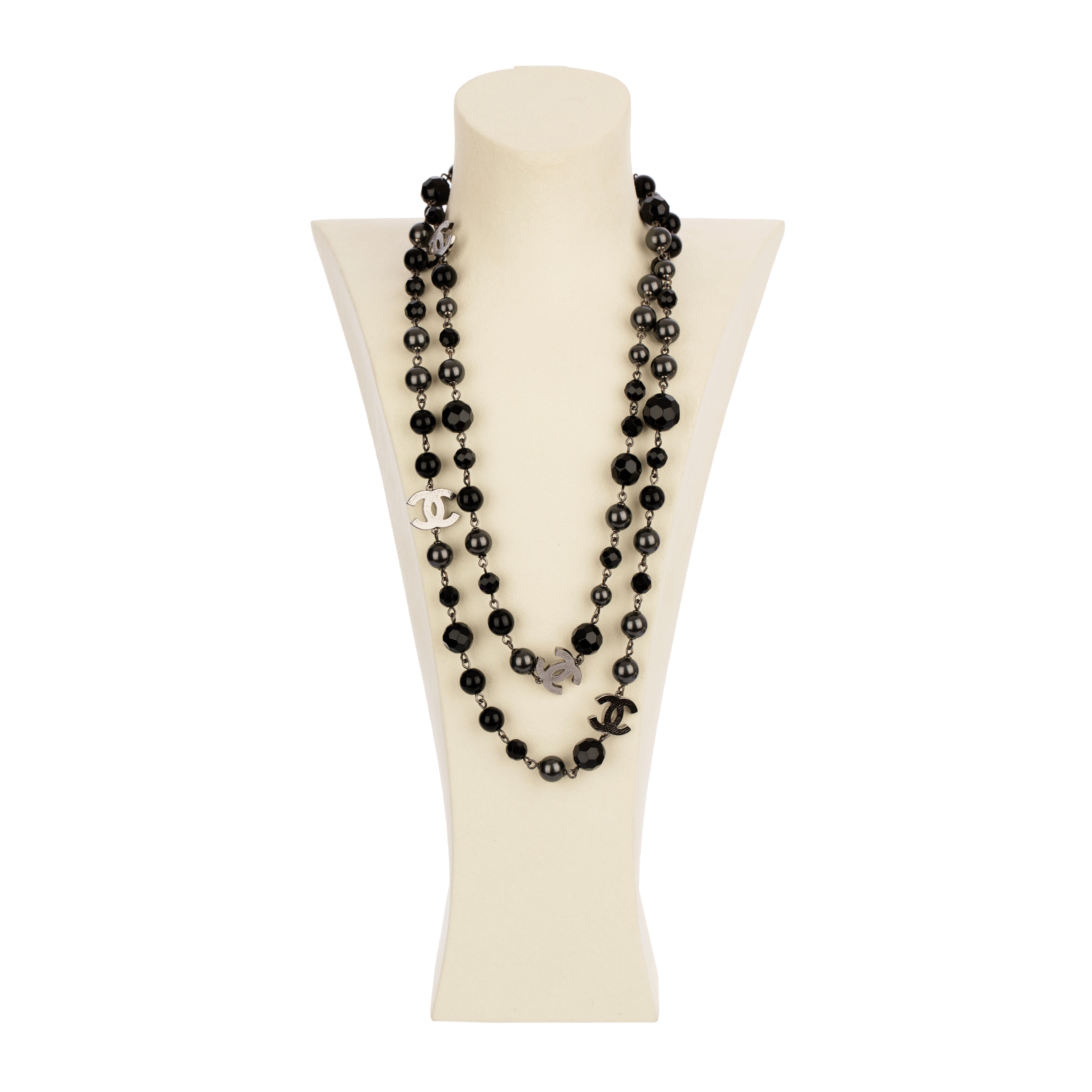 Chanel Black Faux Pearl and Crystal 116cm Necklace with Aged Silver Tone Hardware
