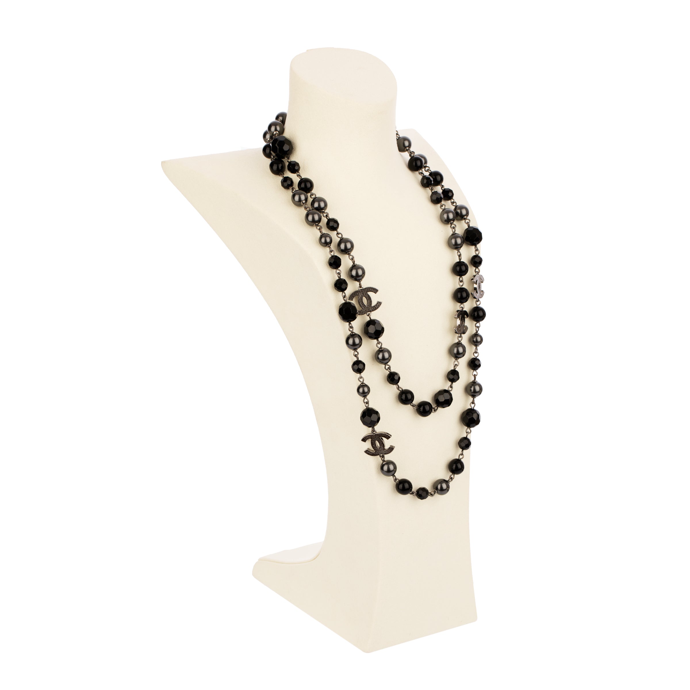 Chanel Black Faux Pearl and Crystal 116cm Necklace with Aged Silver Tone Hardware