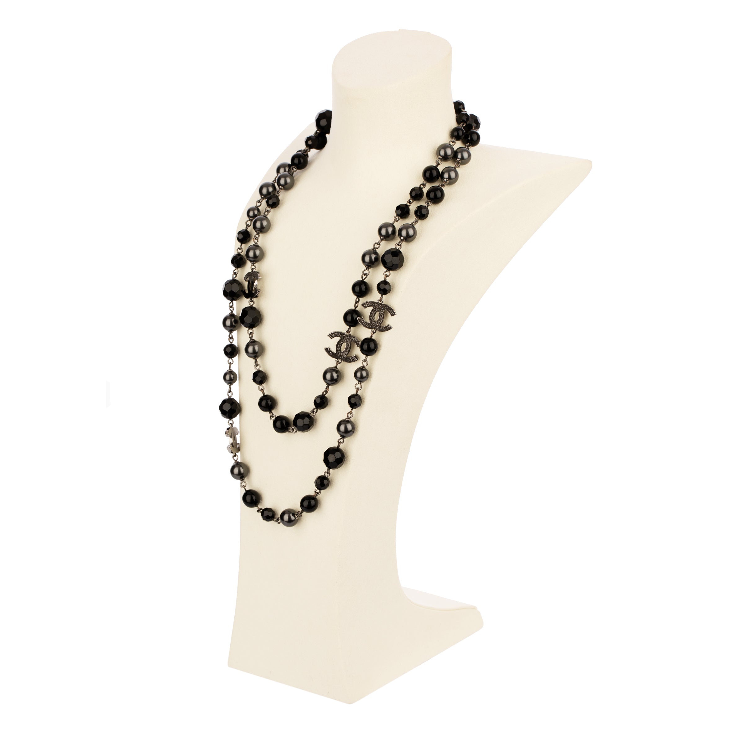 Chanel Black Faux Pearl and Crystal 116cm Necklace with Aged Silver Tone Hardware