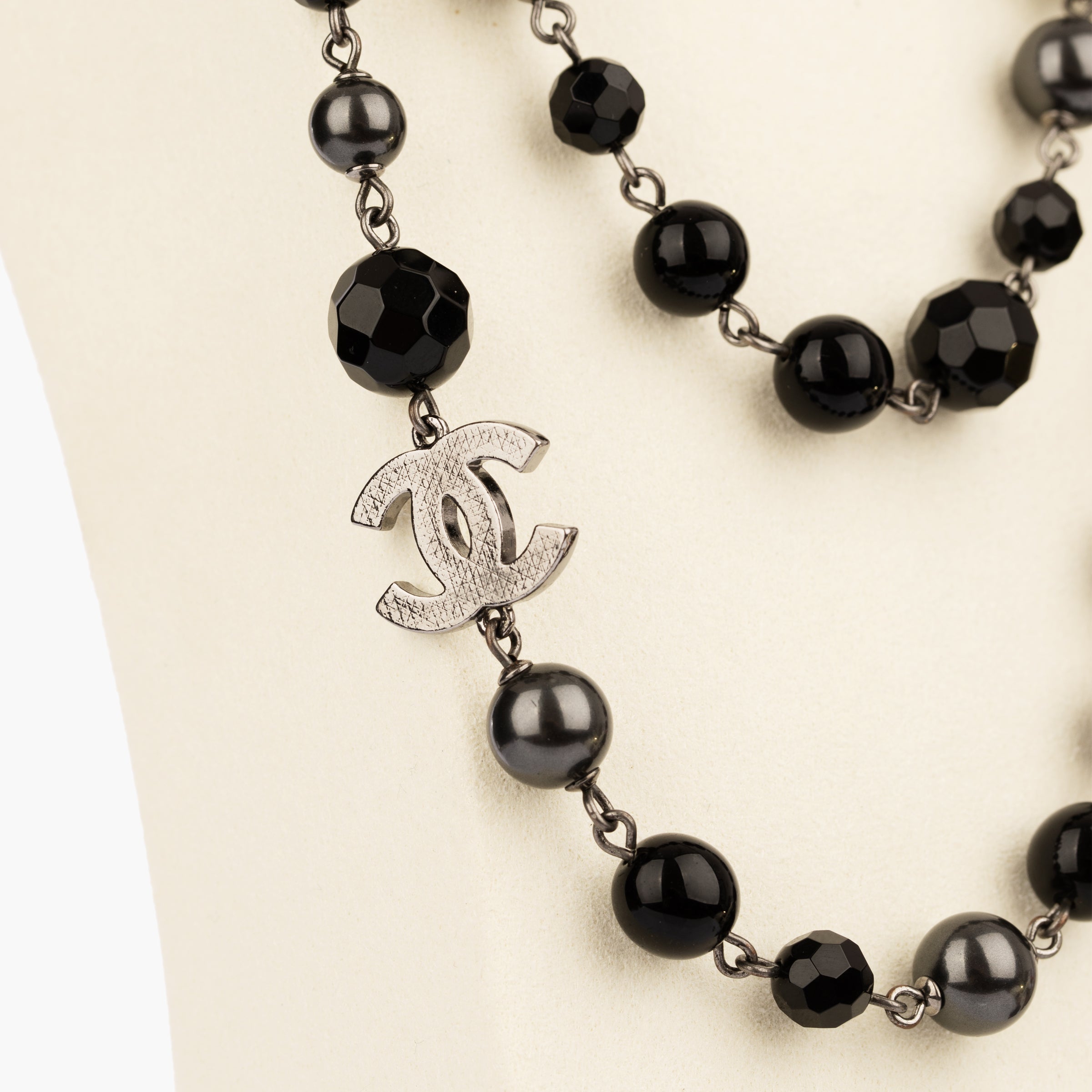 Chanel Black Faux Pearl and Crystal 116cm Necklace with Aged Silver Tone Hardware