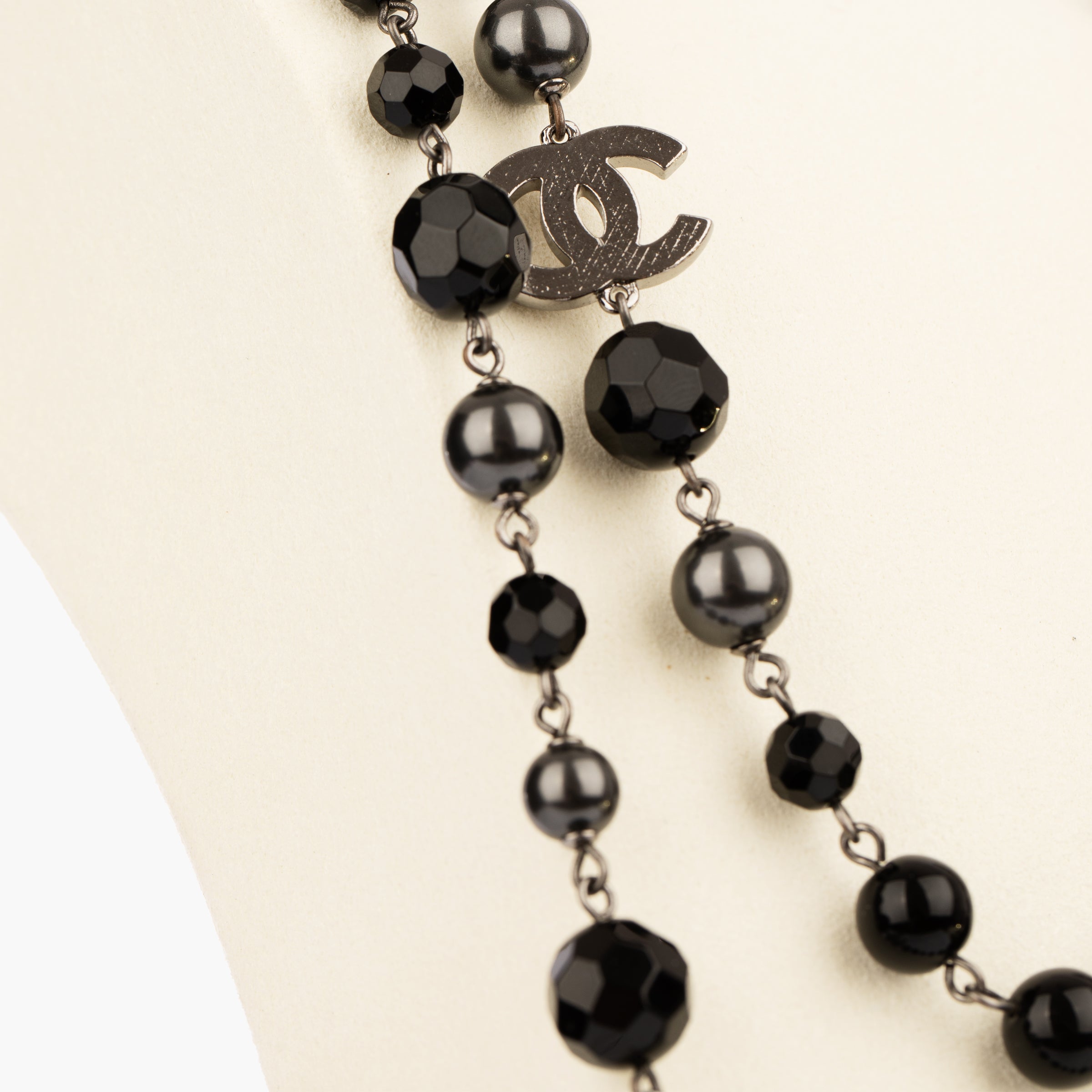 Chanel Black Faux Pearl and Crystal 116cm Necklace with Aged Silver Tone Hardware