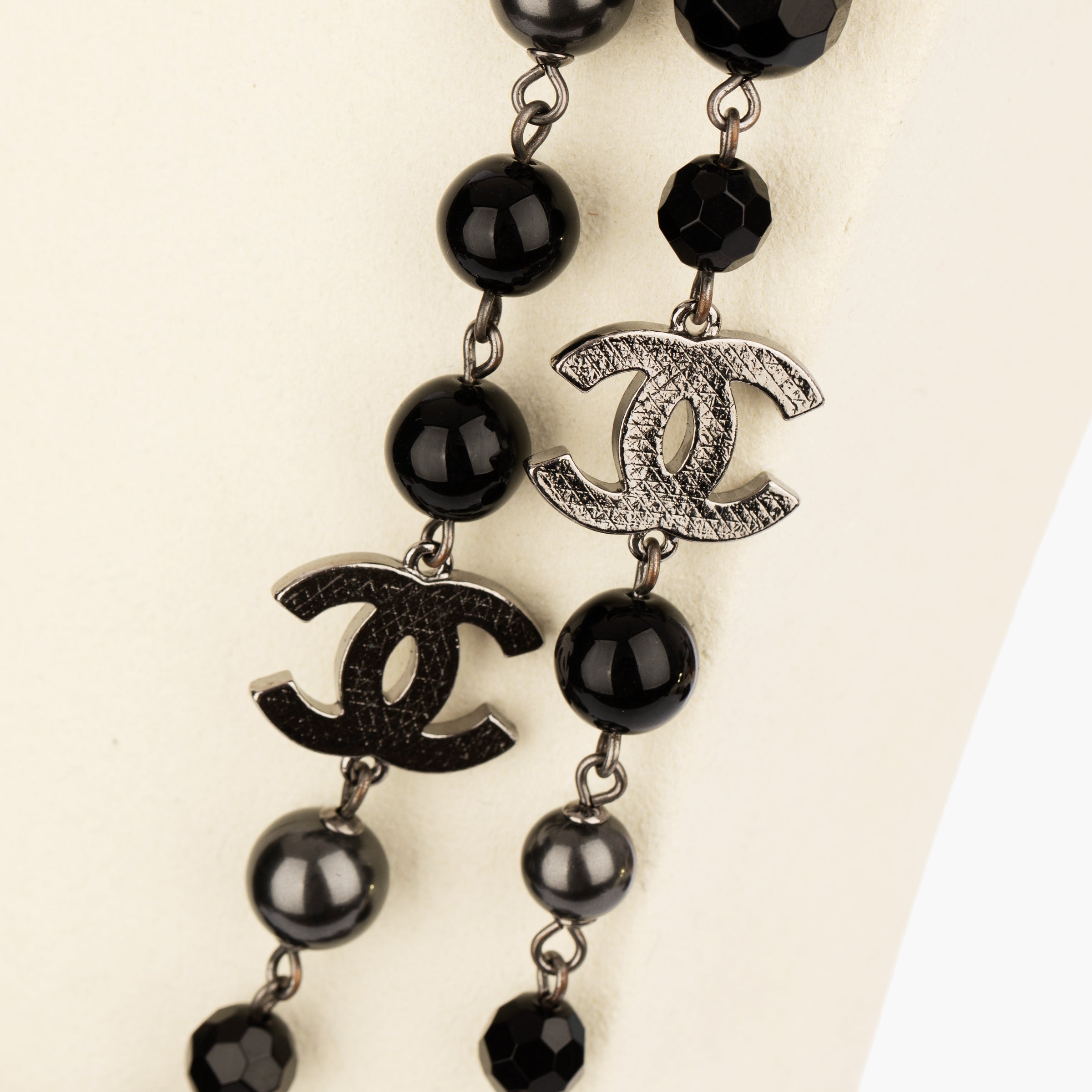 Chanel Black Faux Pearl and Crystal 116cm Necklace with Aged Silver Tone Hardware