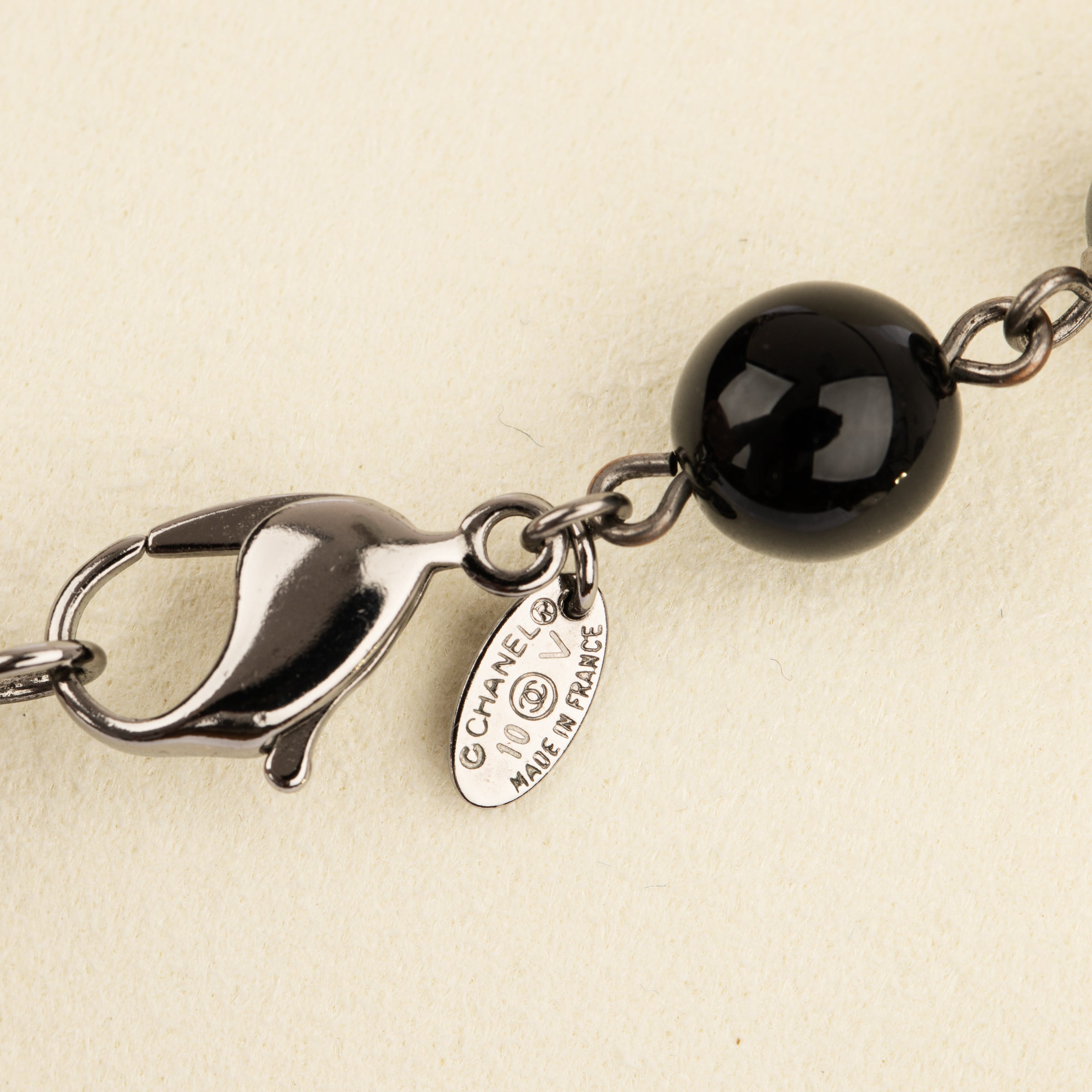 Chanel Black Faux Pearl and Crystal 116cm Necklace with Aged Silver Tone Hardware