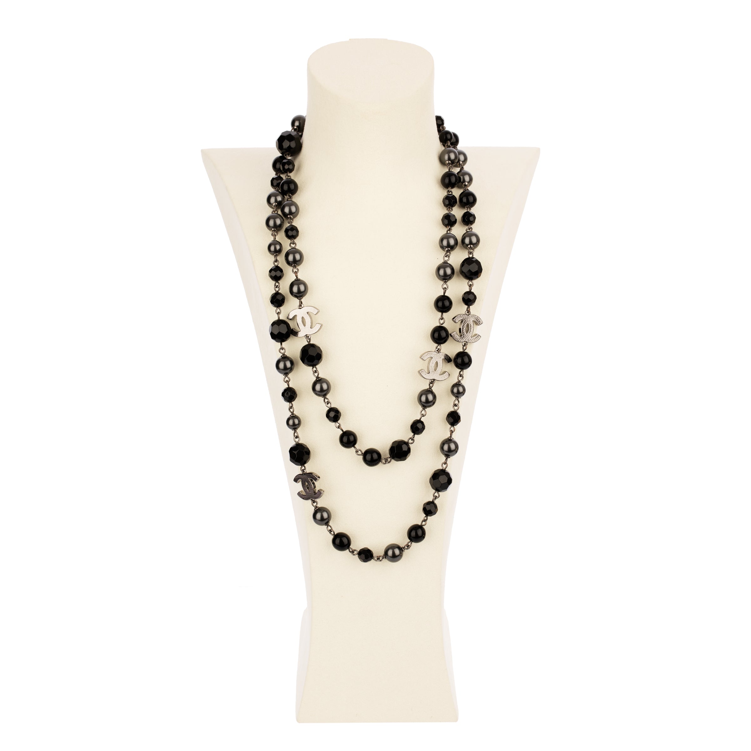 Chanel Black Faux Pearl and Crystal 116cm Necklace with Aged Silver Tone Hardware