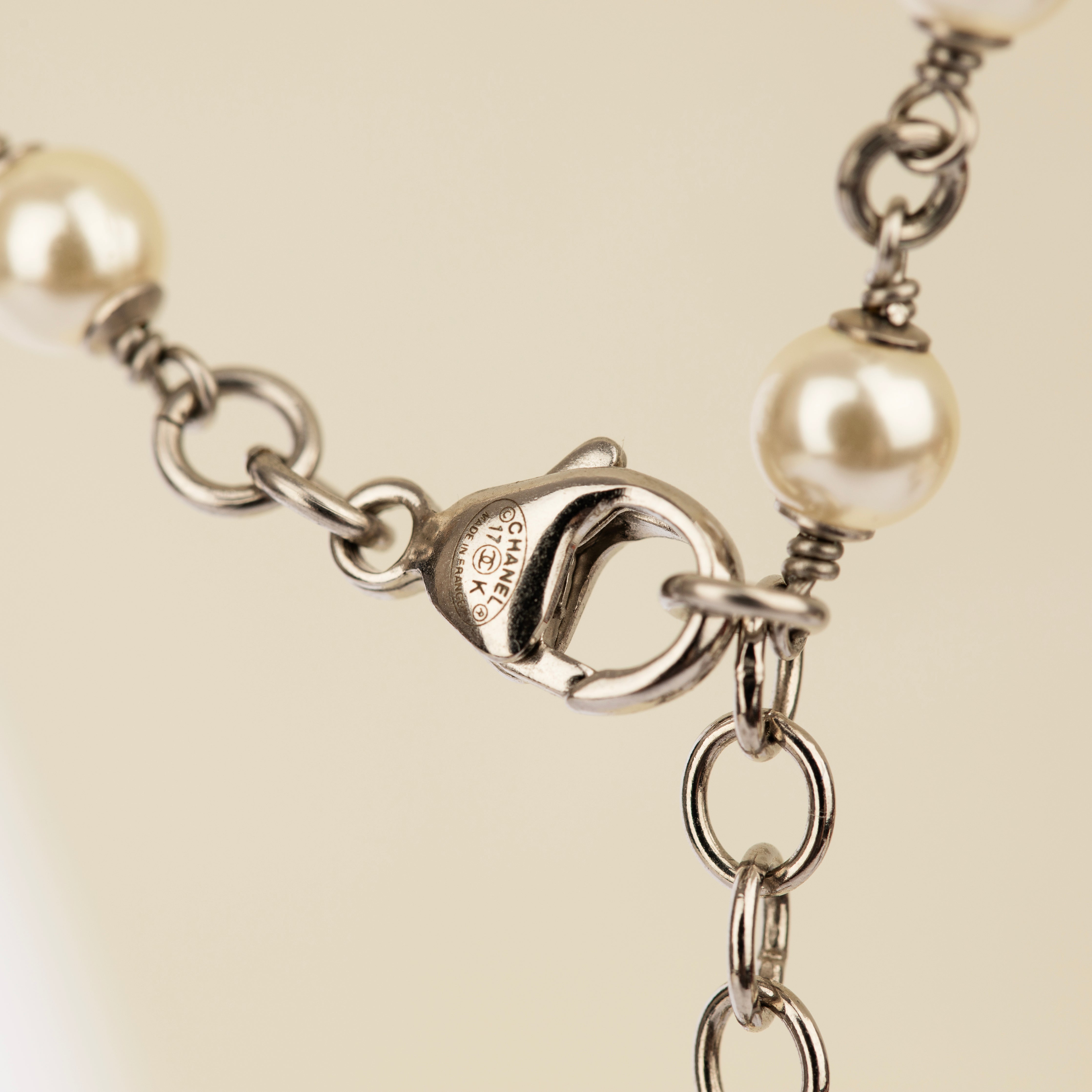 Chanel Faux Pearl and Crystal Silver Tone CC 94cm Long Necklace – 2017 Collection