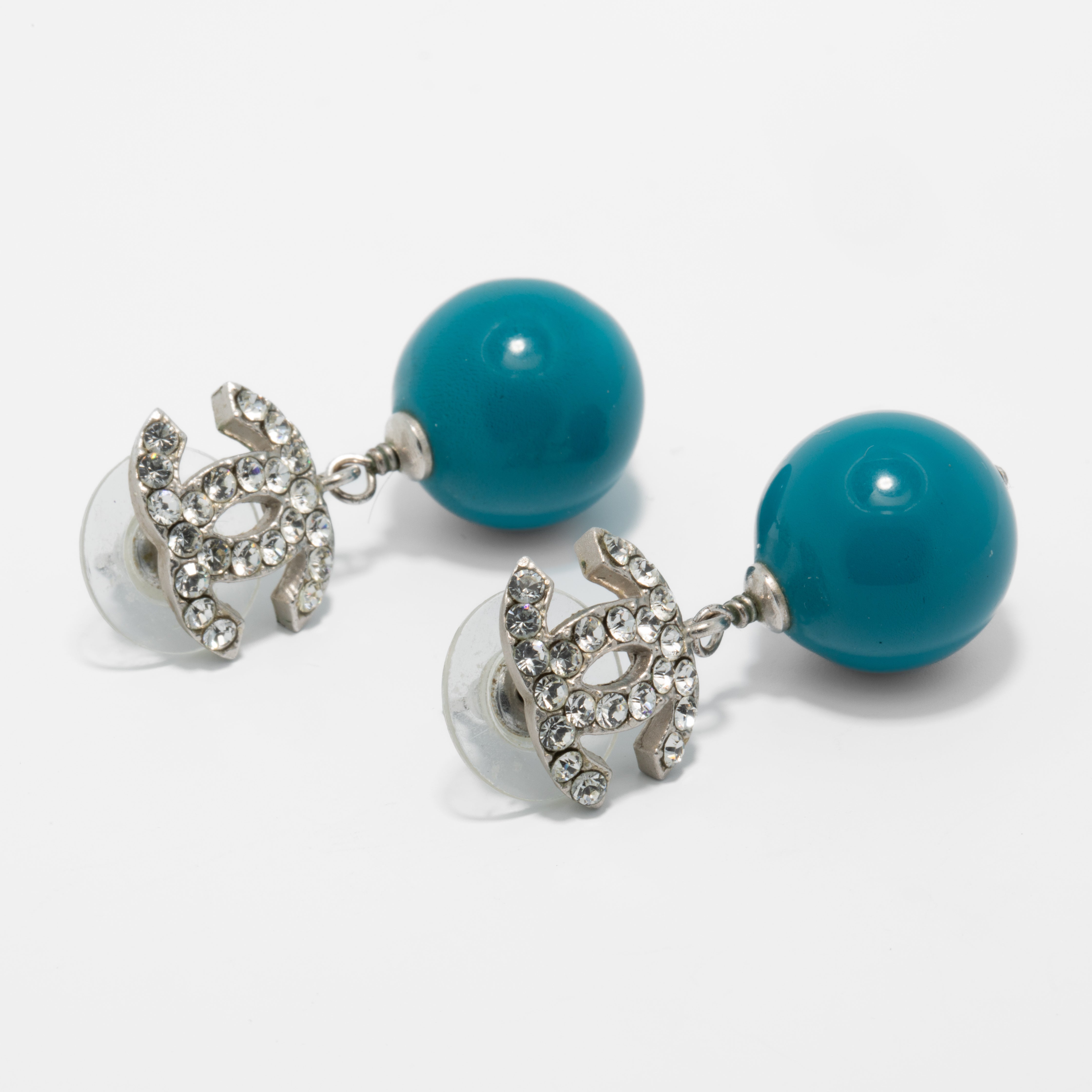 Chanel CC Logo Drop Earrings with Teal Resin Beads
