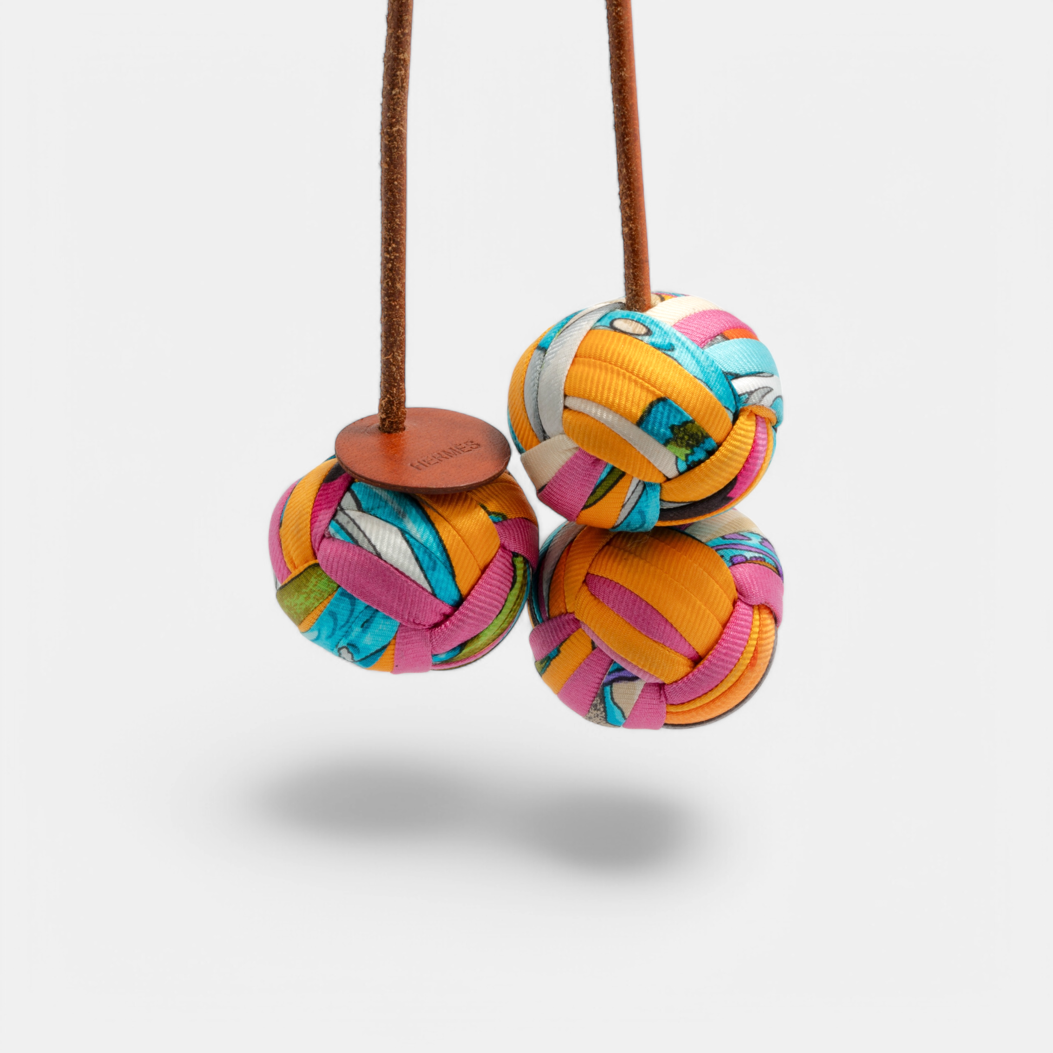 Hermès Silk and Leather ‘Rocabar’ Triple Sphere Keychain/Bag Accessory