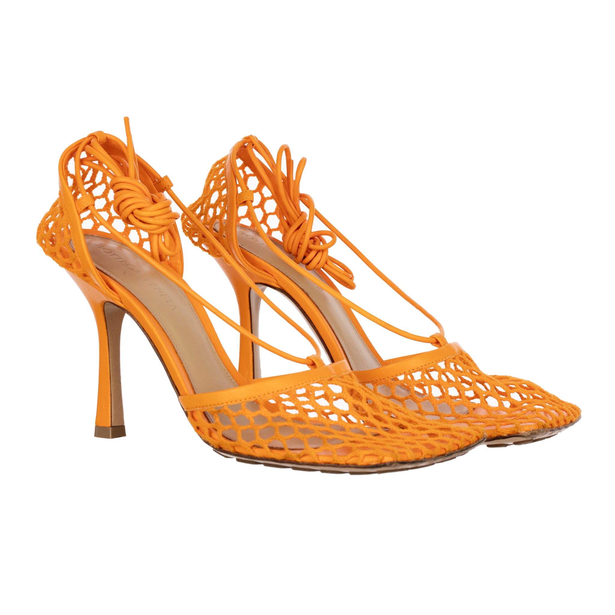 Bottega Veneta Orange Lace-up Leather-trimmed Mesh Pumps 37 IT