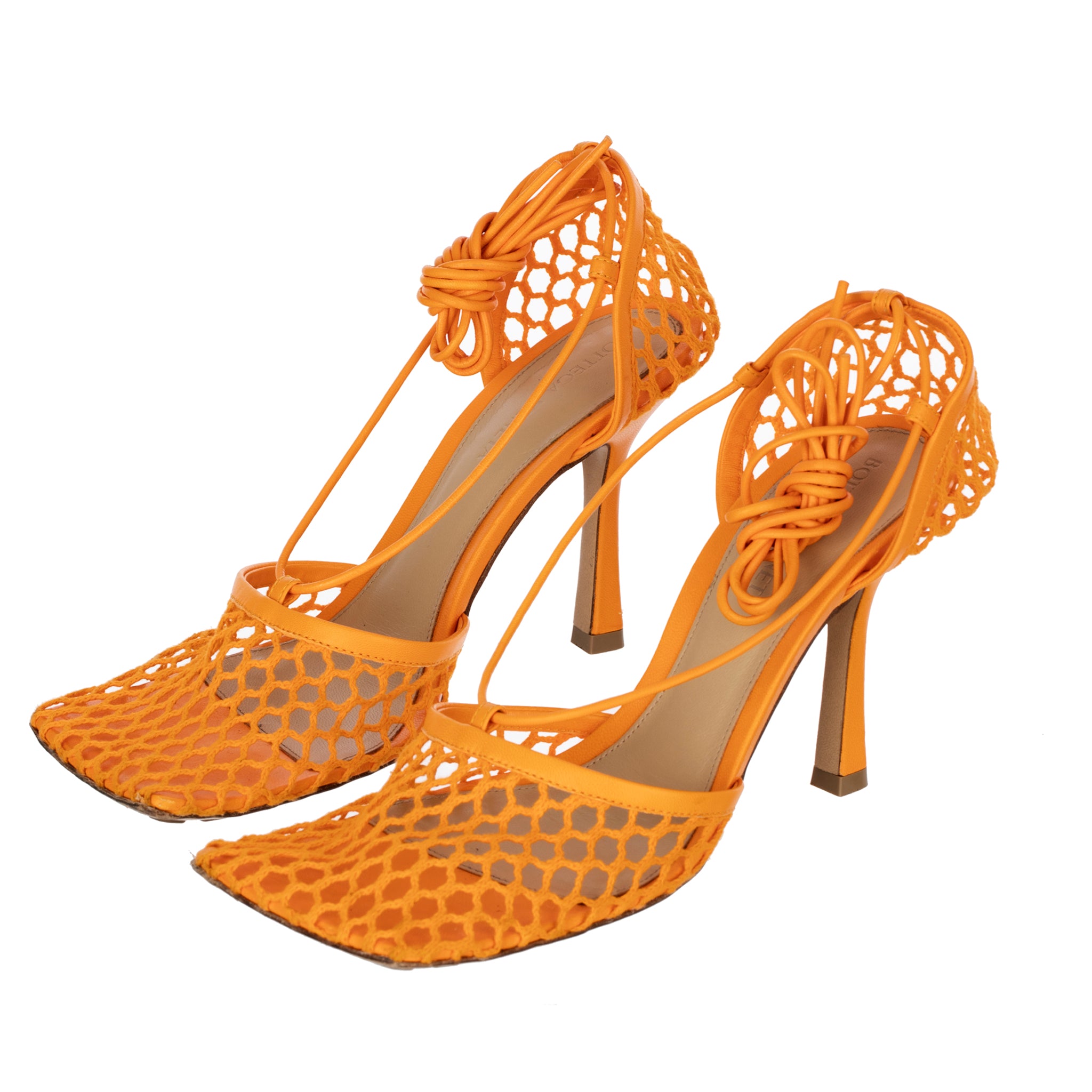Bottega Veneta Orange Lace-up Leather-trimmed Mesh Pumps 37 IT