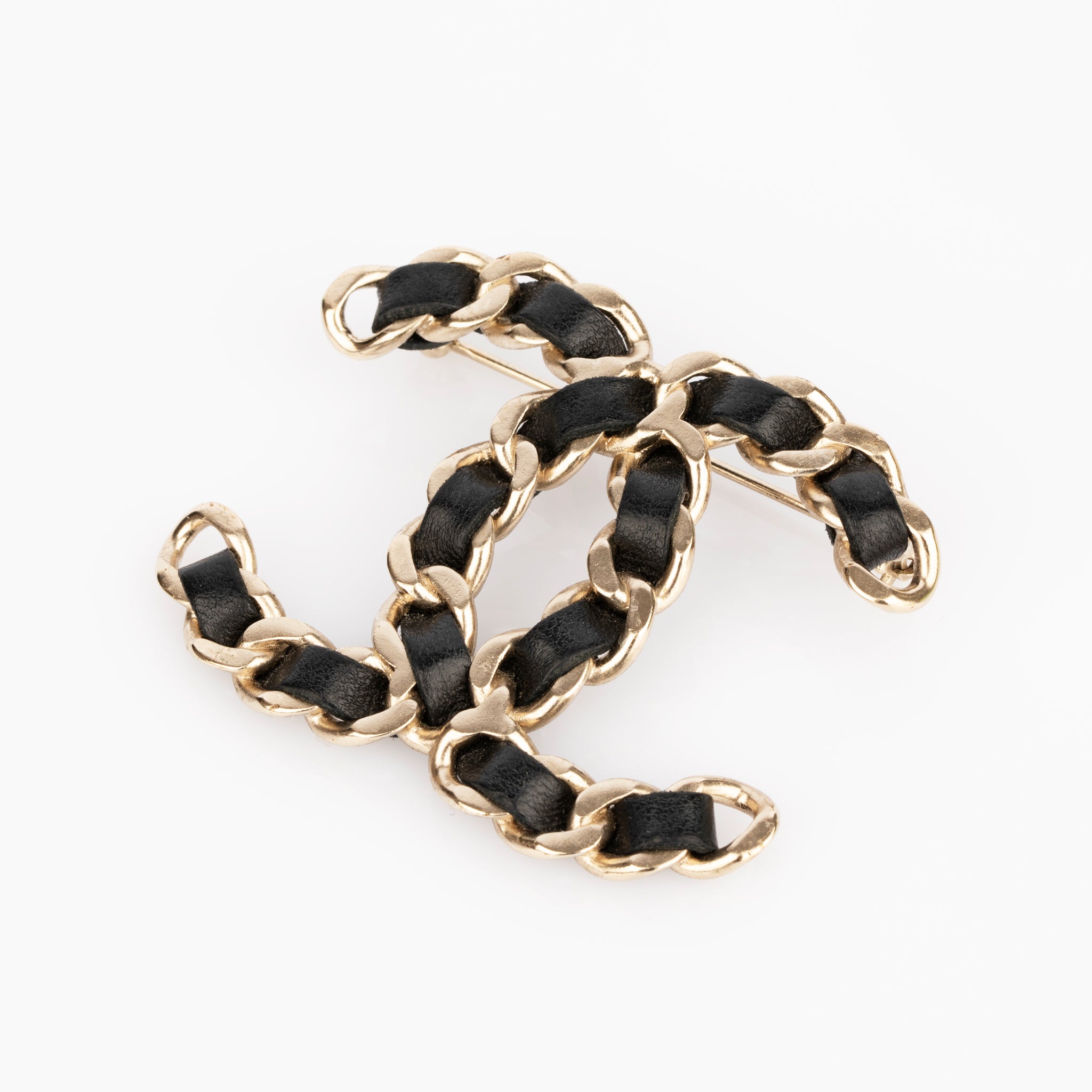 Chanel Silver-Tone & Black Leather Chain CC Brooch