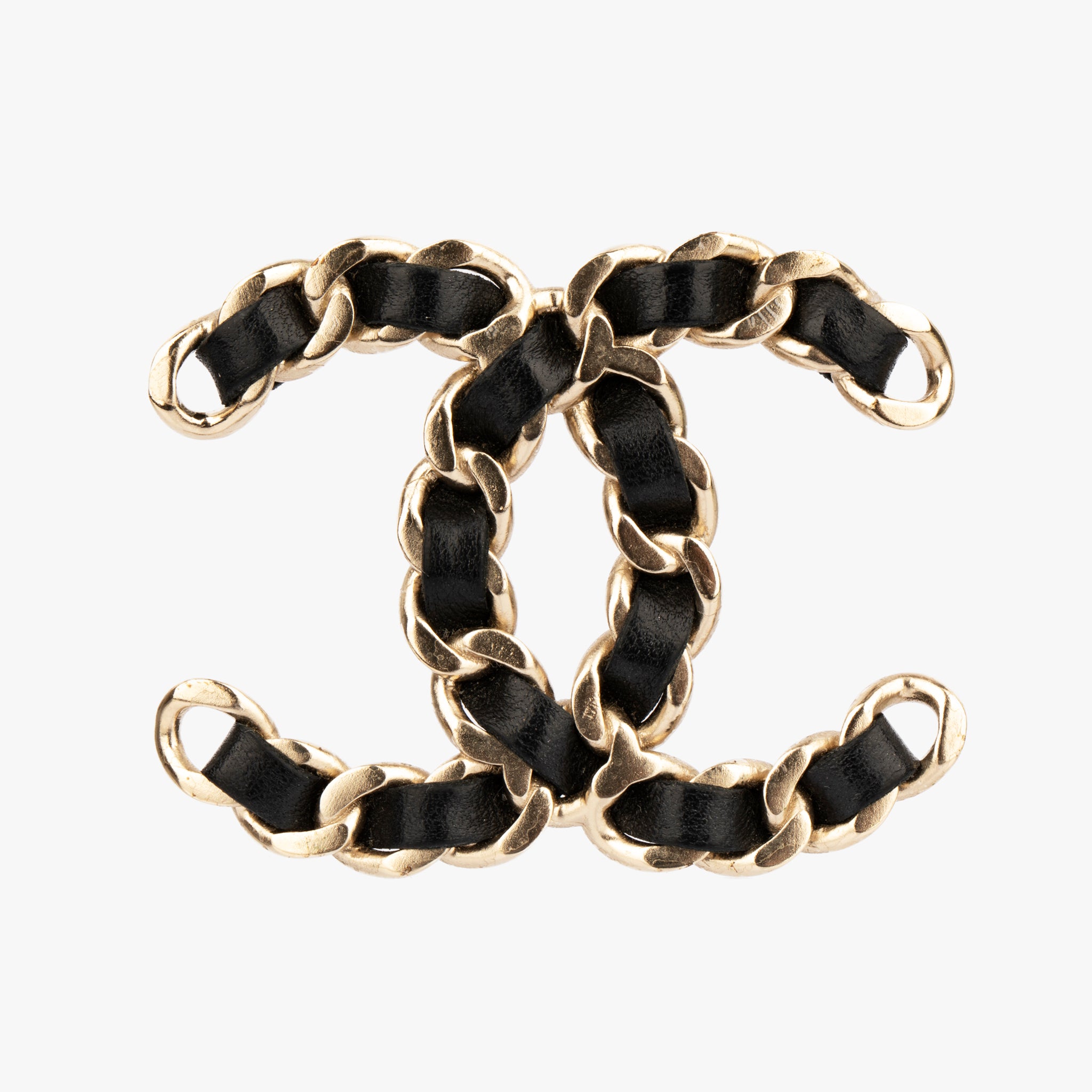 Chanel Silver-Tone & Black Leather Chain CC Brooch
