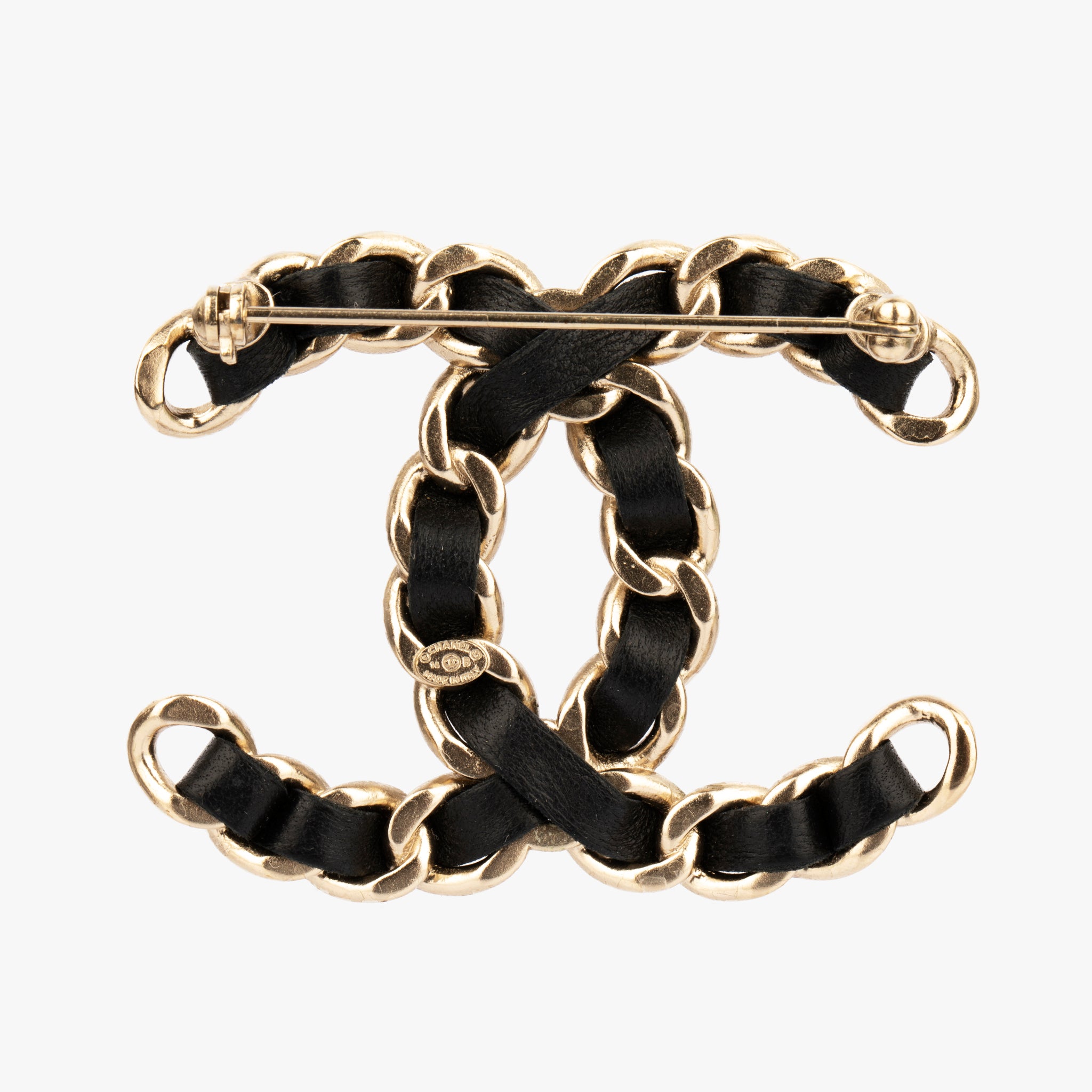 Chanel Silver-Tone & Black Leather Chain CC Brooch