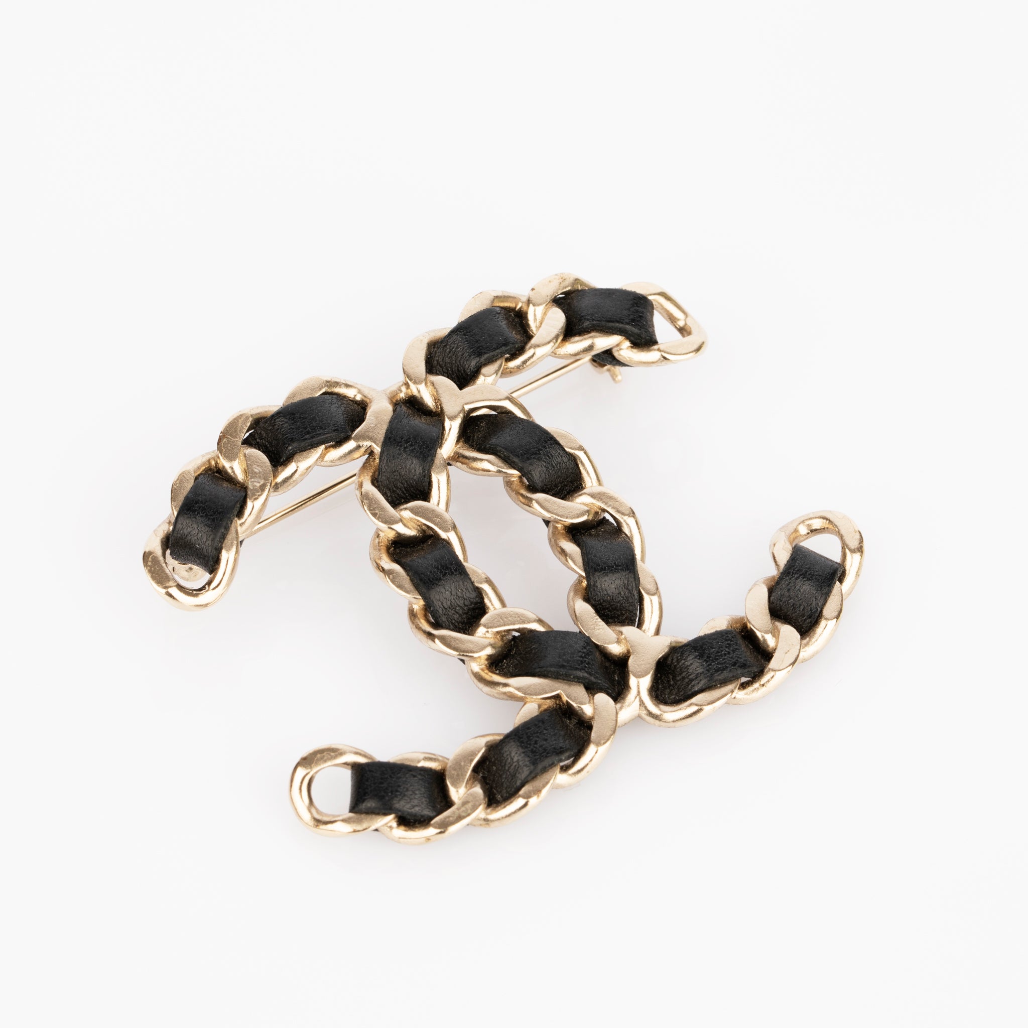 Chanel Silver-Tone & Black Leather Chain CC Brooch