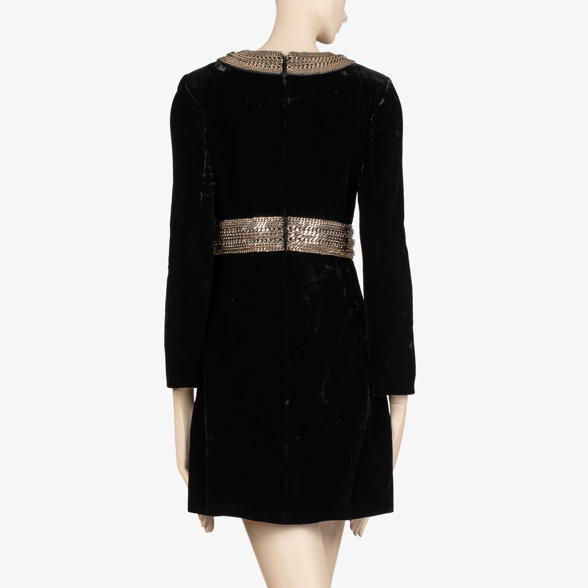 Saint Laurent Black Velvet Mini Dress with Silver Chain Trim - 36 FR