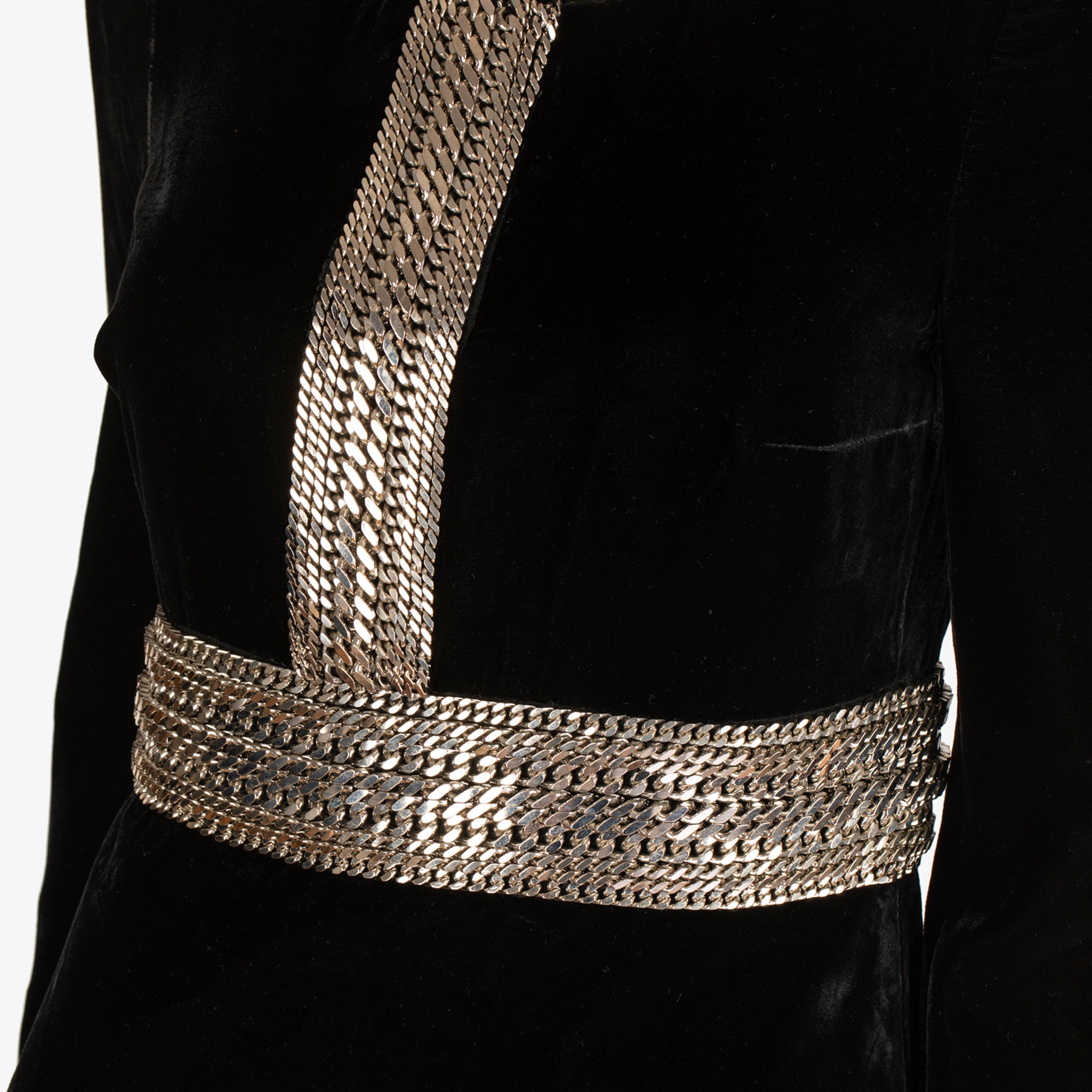 Saint Laurent Black Velvet Mini Dress with Silver Chain Trim - 36 FR