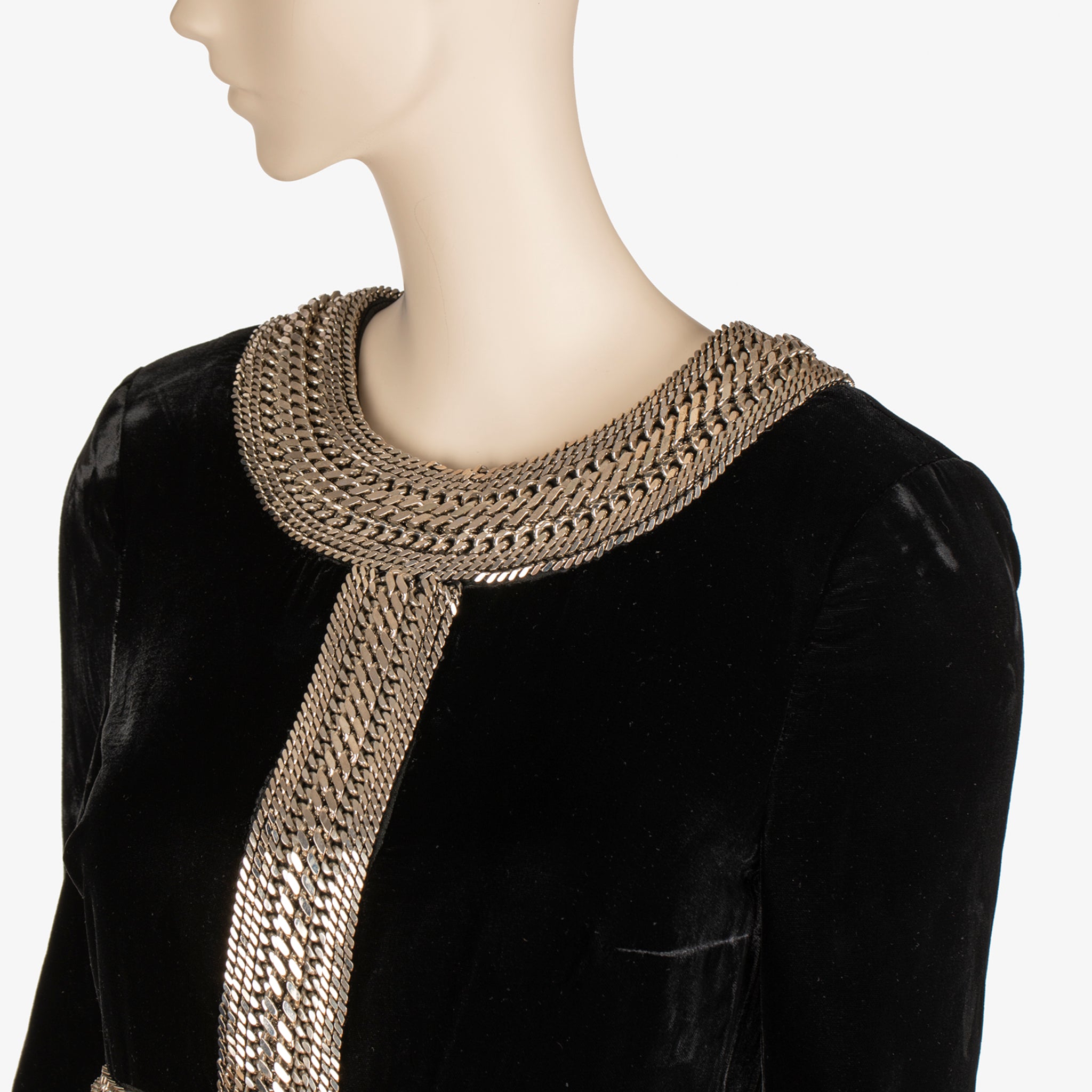 Saint Laurent Black Velvet Mini Dress with Silver Chain Trim - 36 FR