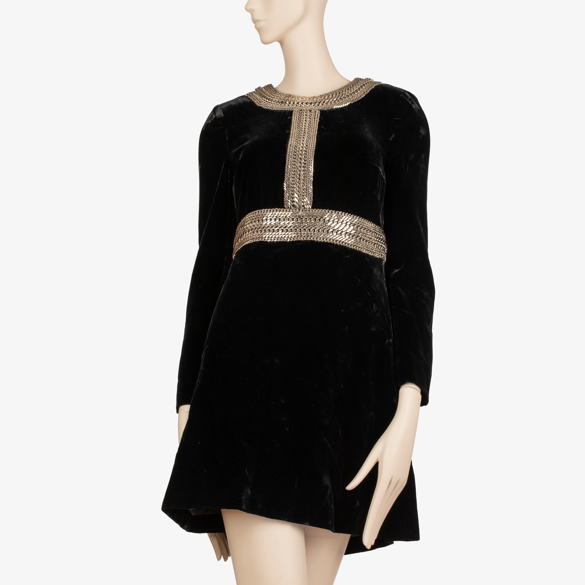 Saint Laurent Black Velvet Mini Dress with Silver Chain Trim - 36 FR