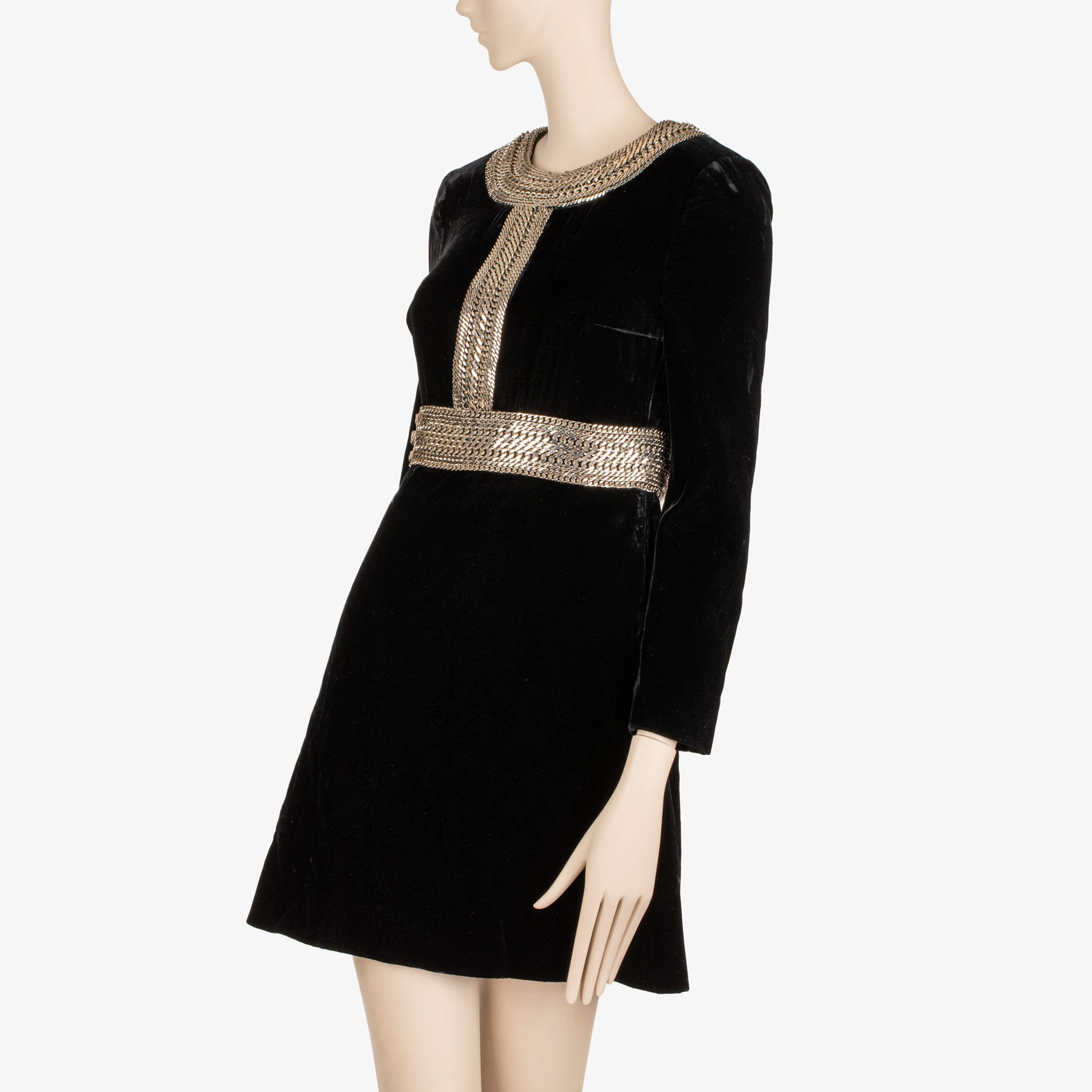 Saint Laurent Black Velvet Mini Dress with Silver Chain Trim - 36 FR