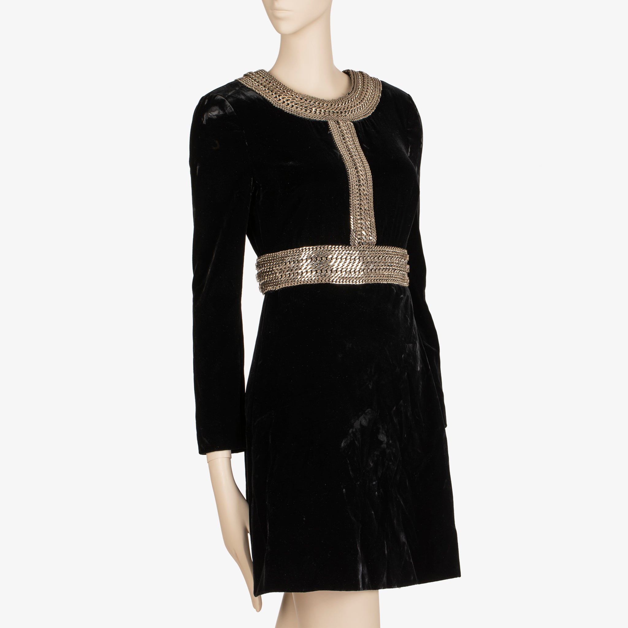 Saint Laurent Black Velvet Mini Dress with Silver Chain Trim - 36 FR