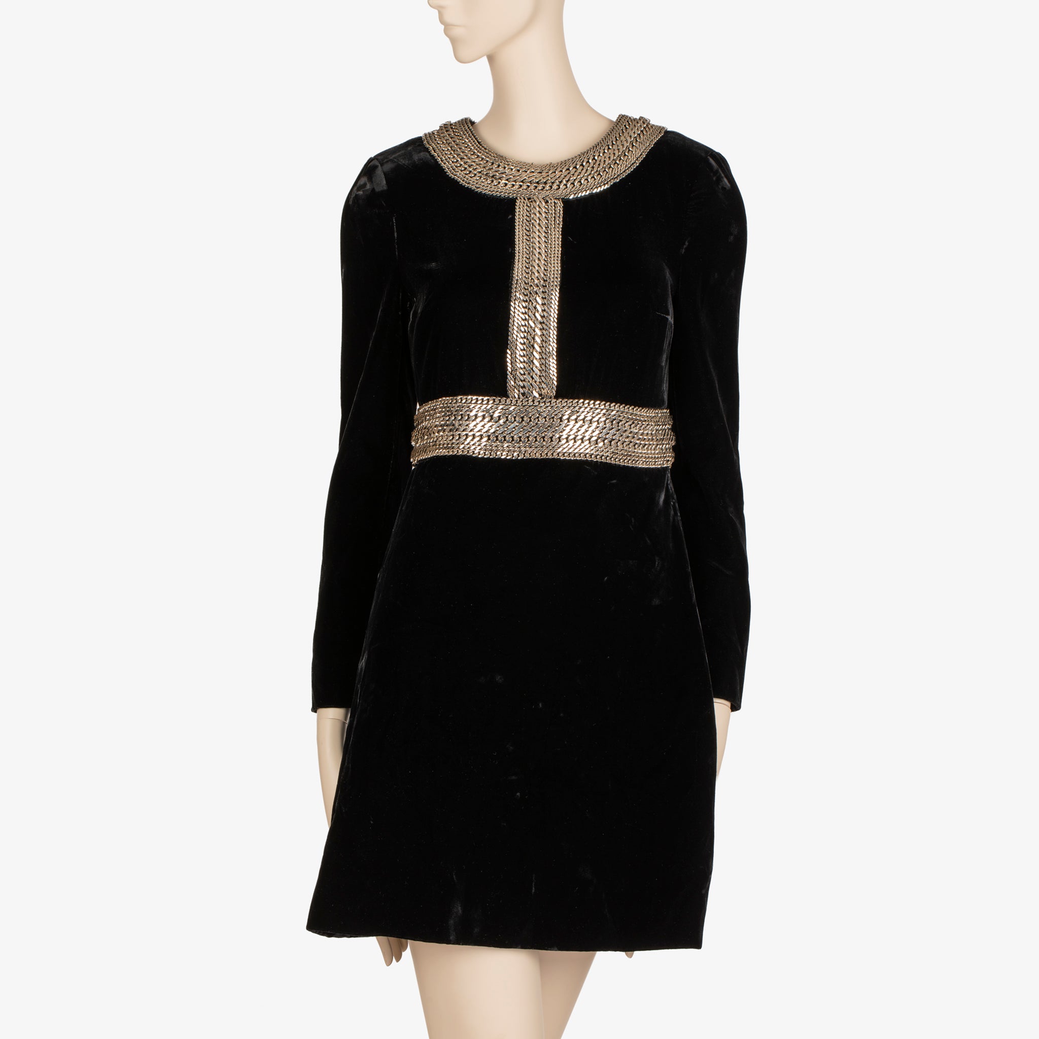 Saint Laurent Black Velvet Mini Dress with Silver Chain Trim - 36 FR