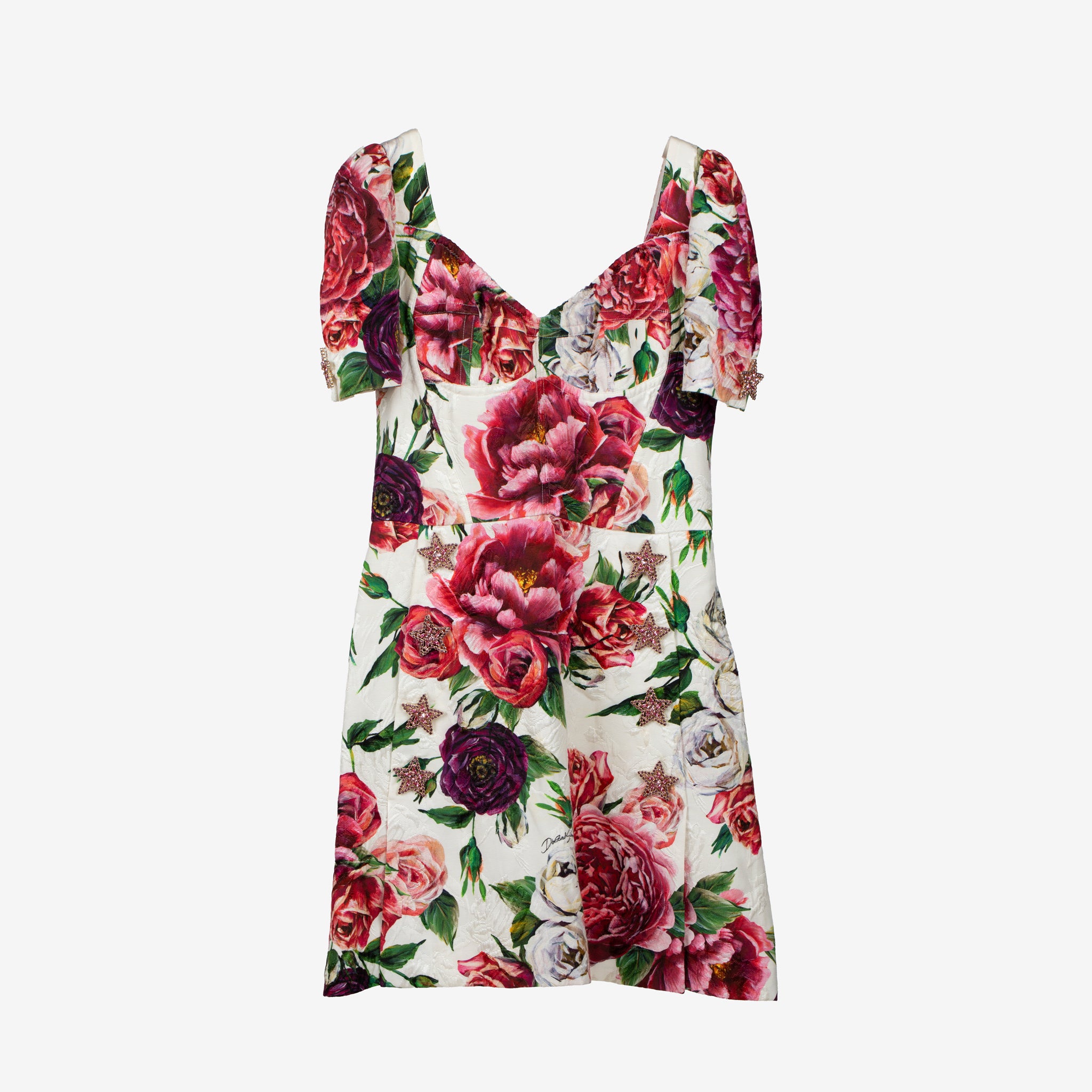 Dolce & Gabbana Floral Jacquard Mini Dress with Star Brooch Details - Size 42 IT