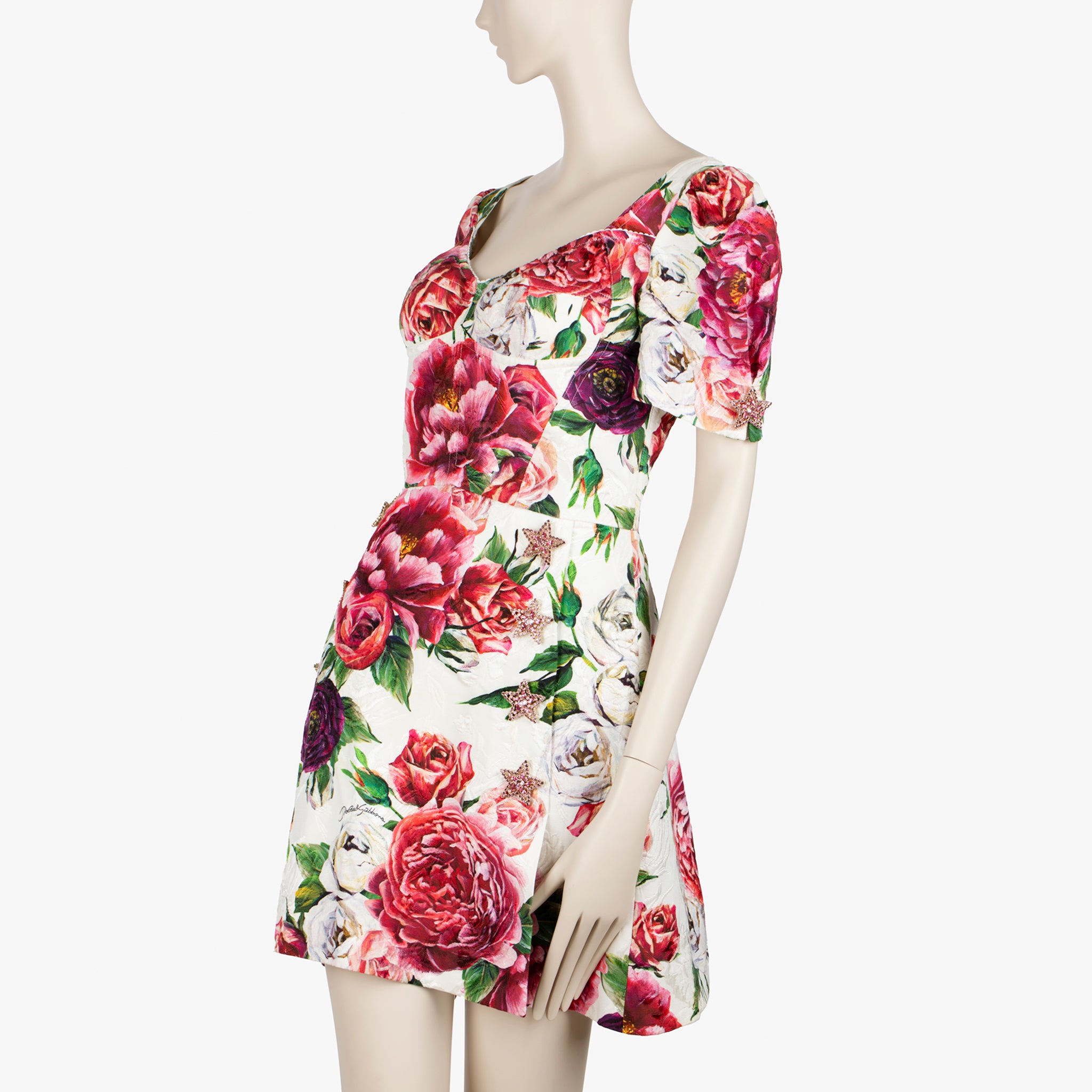 Dolce & Gabbana Floral Jacquard Mini Dress with Star Brooch Details - Size 42 IT