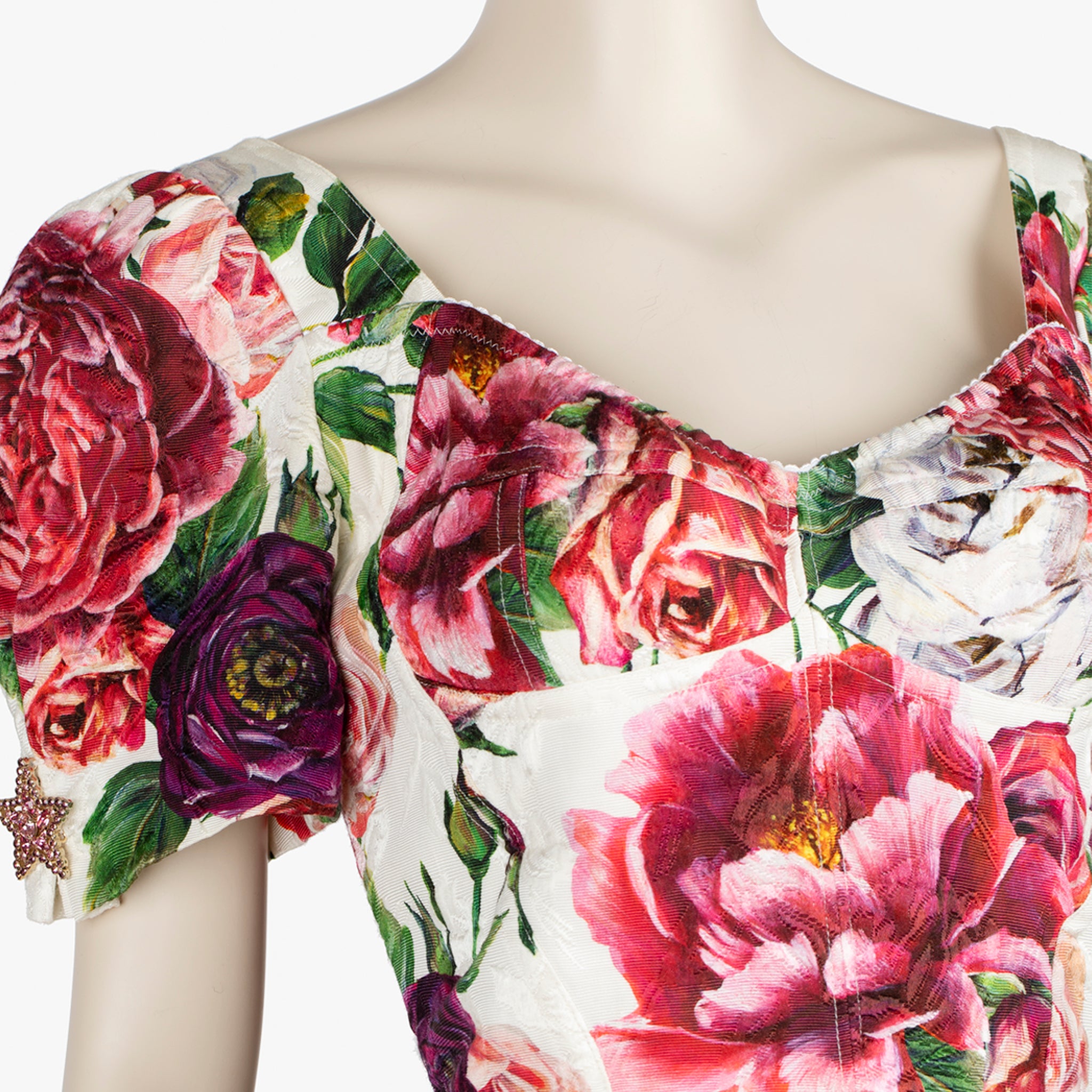 Dolce & Gabbana Floral Jacquard Mini Dress with Star Brooch Details - Size 42 IT