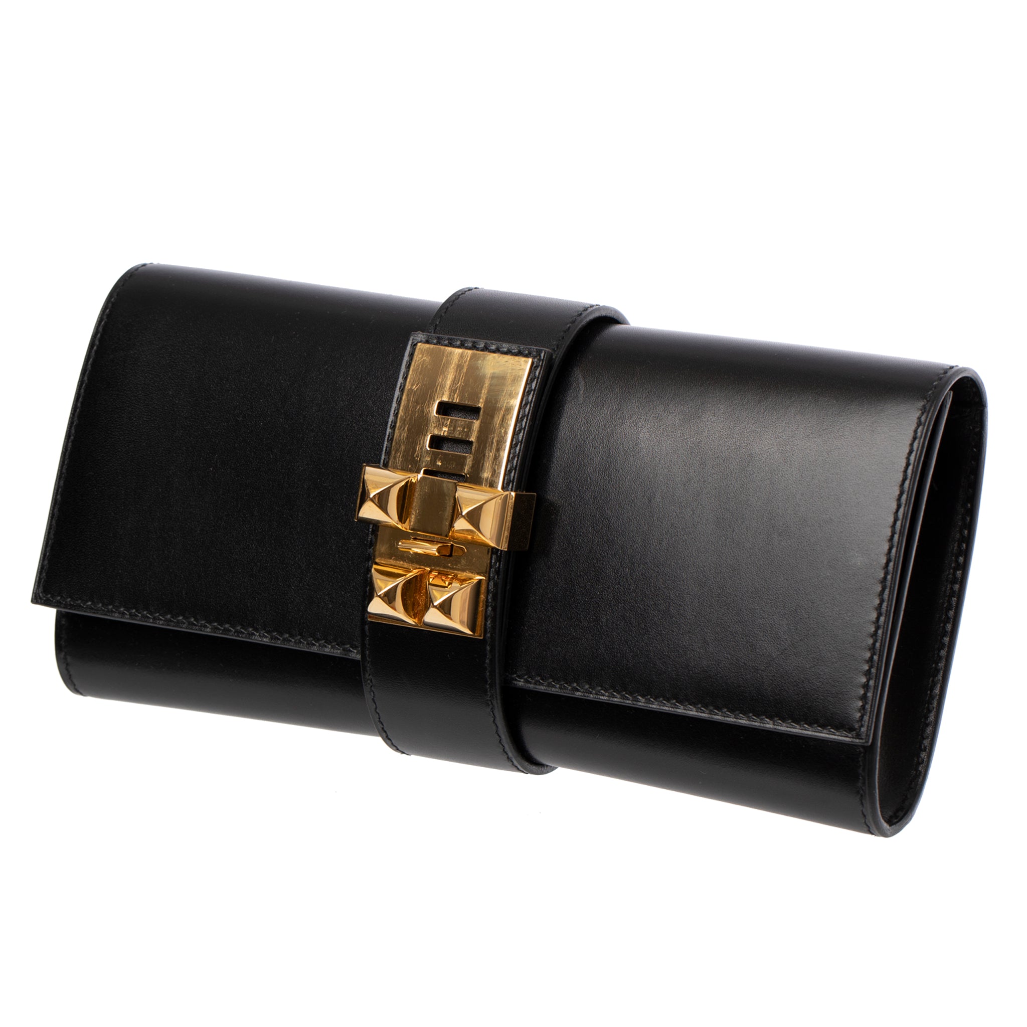 Hermes Medor Clutch Black Box Leather Gold Hardware