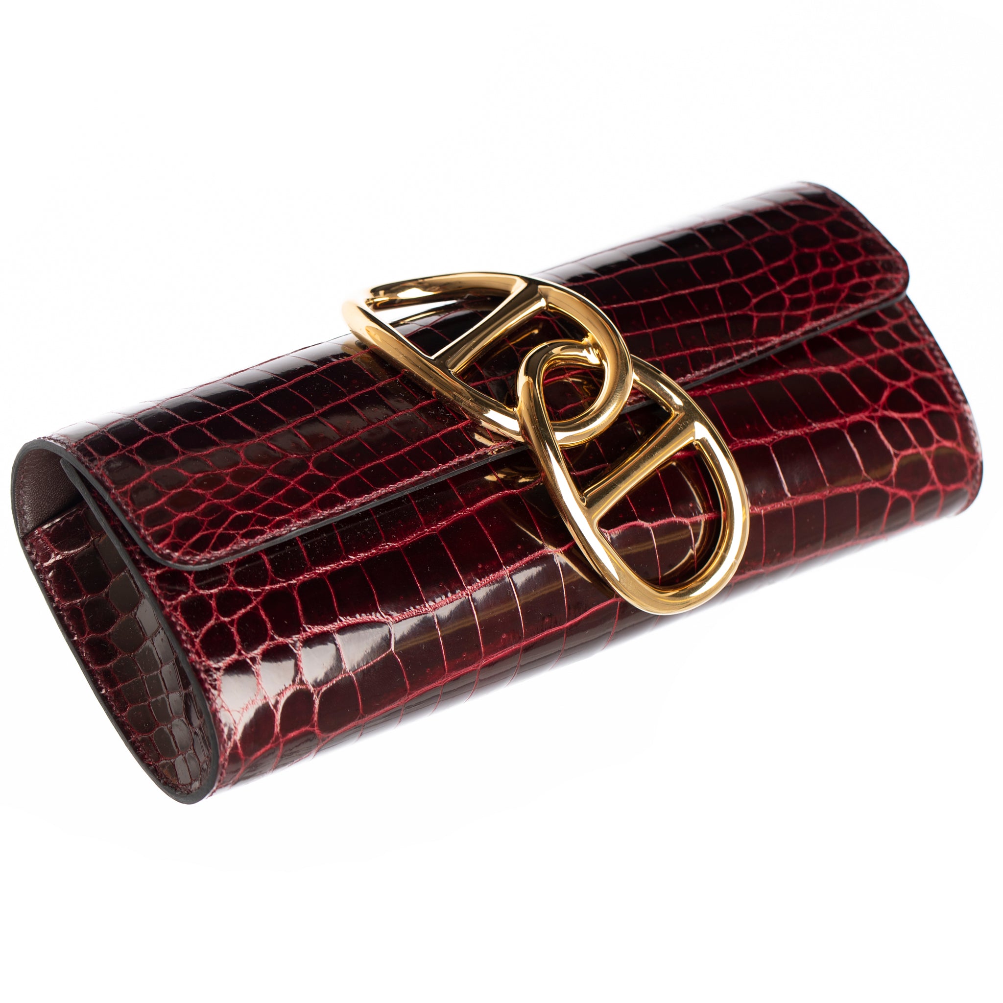 Hermes Egee Clutch Bordeaux Shiny Niloticus Crocodile Gold Hardware