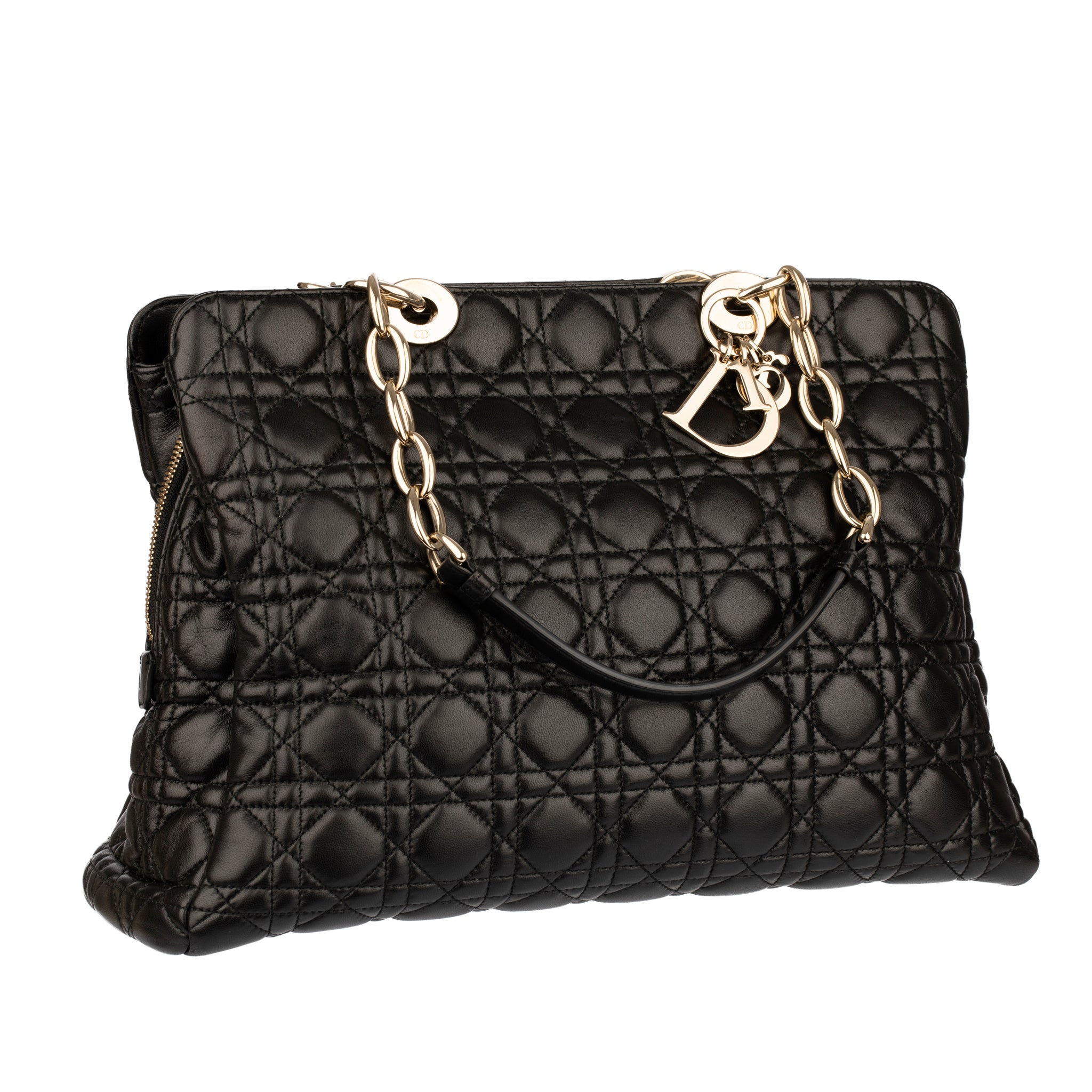 Christian Dior Black Quilted Lambskin Cannage Tote Champagne Tone Hardware