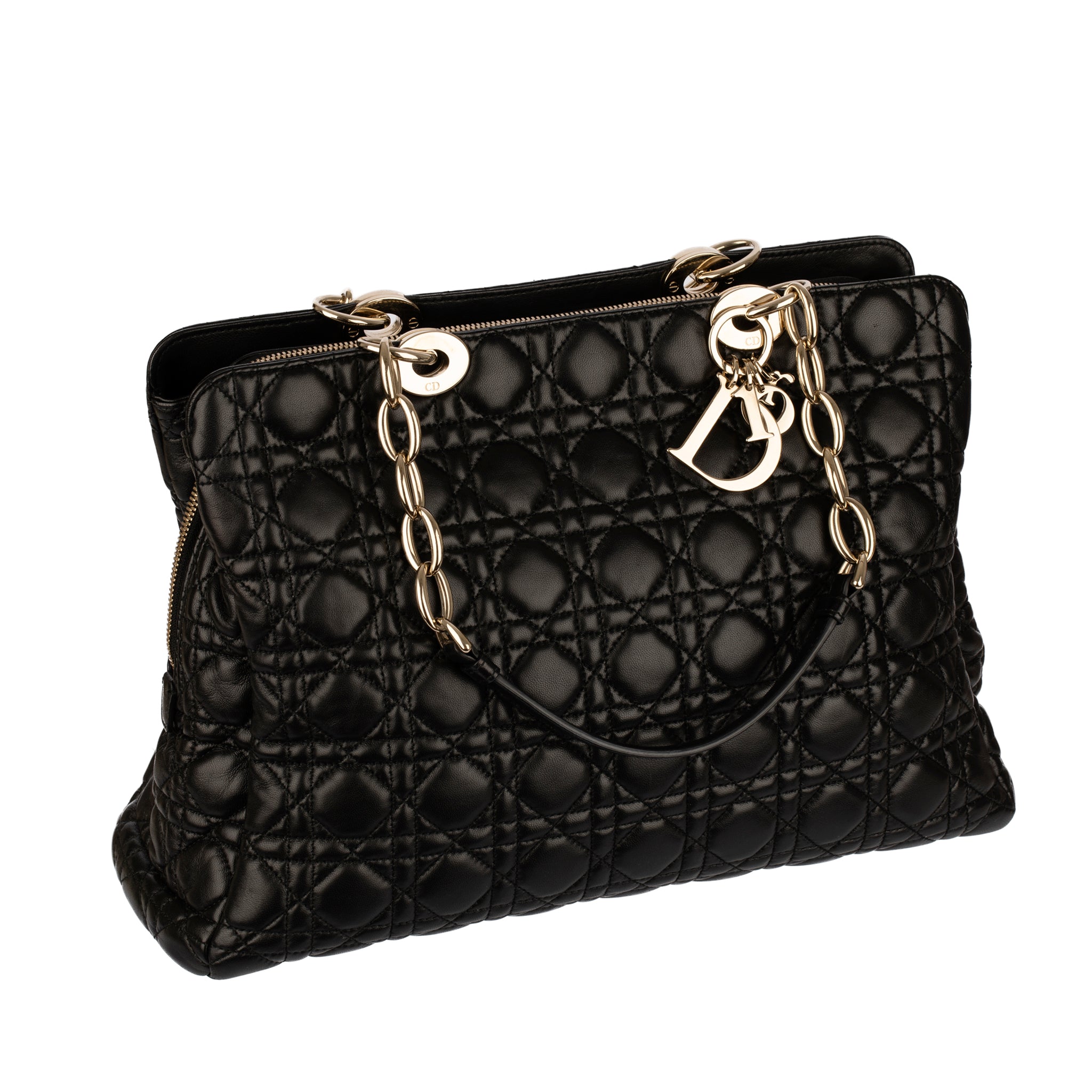 Christian Dior Black Quilted Lambskin Cannage Tote Champagne Tone Hardware