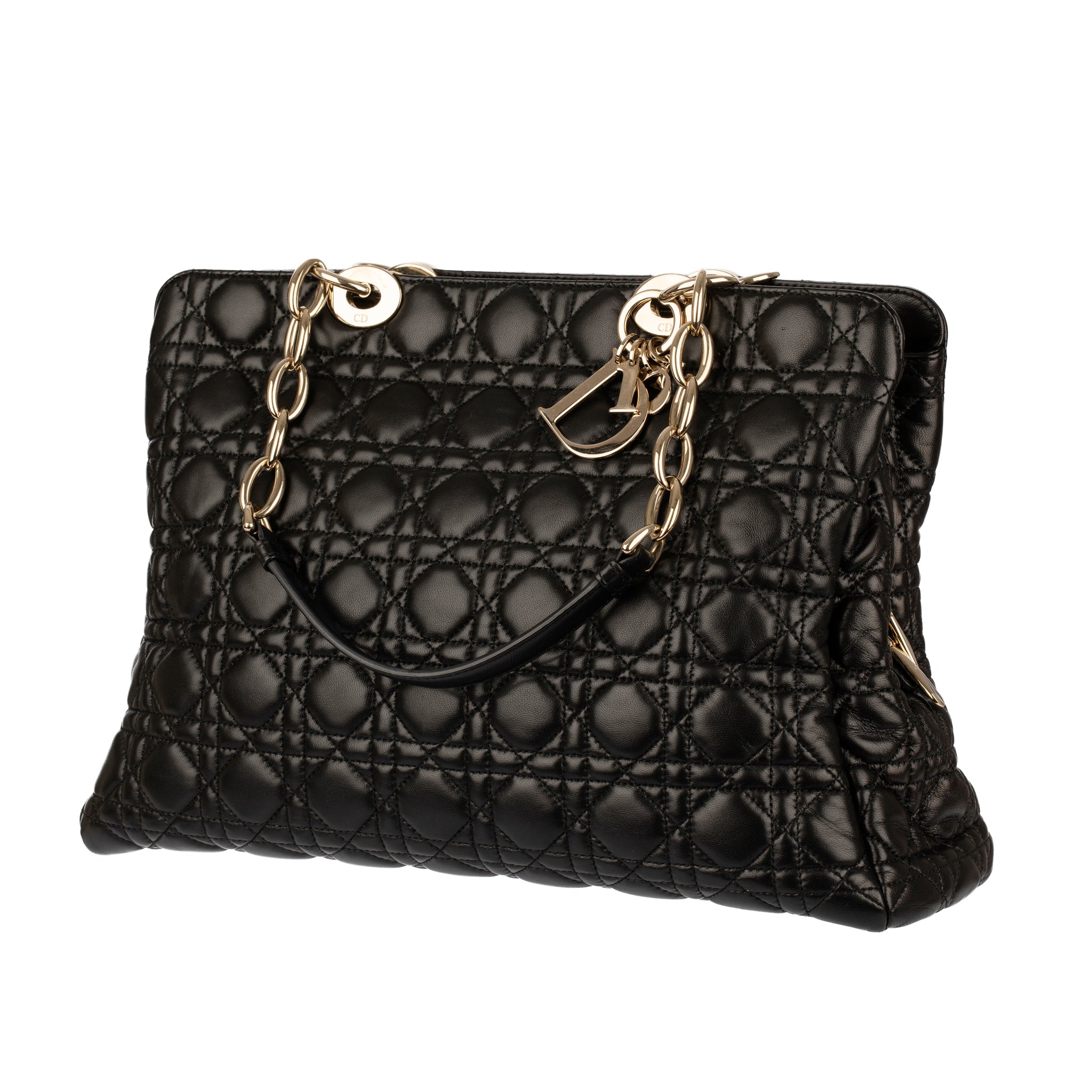 Christian Dior Black Quilted Lambskin Cannage Tote Champagne Tone Hardware