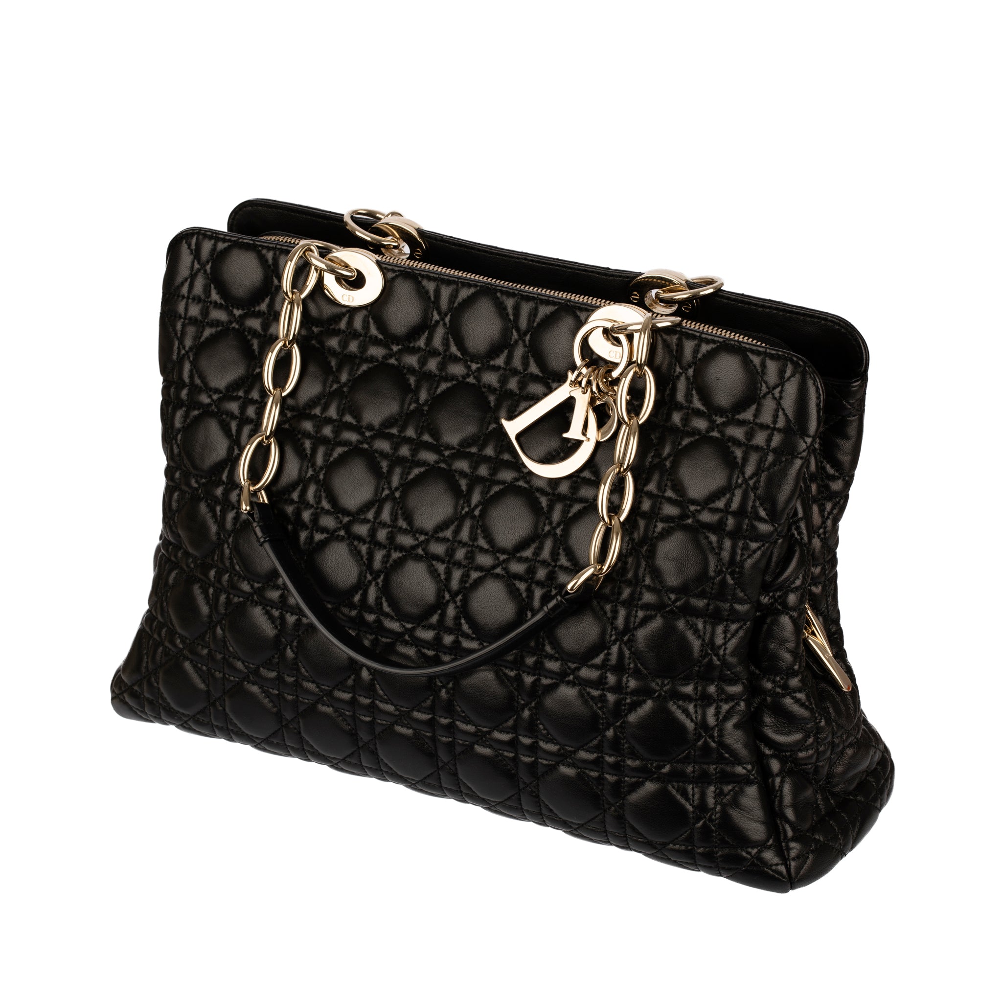 Christian Dior Black Quilted Lambskin Cannage Tote Champagne Tone Hardware