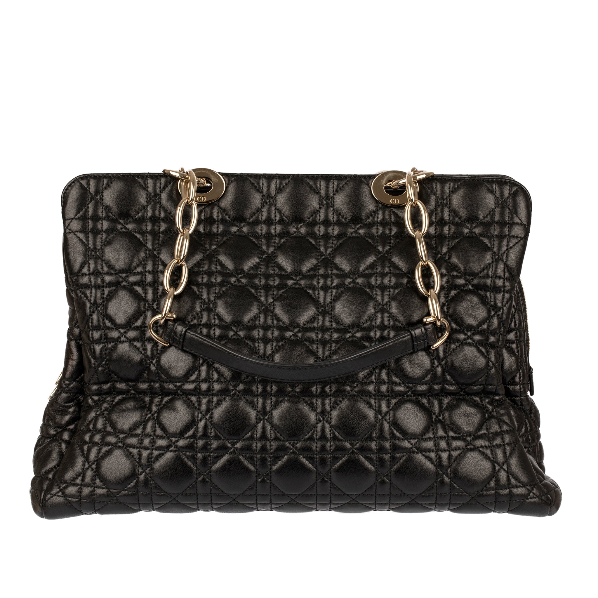 Christian Dior Black Quilted Lambskin Cannage Tote Champagne Tone Hardware