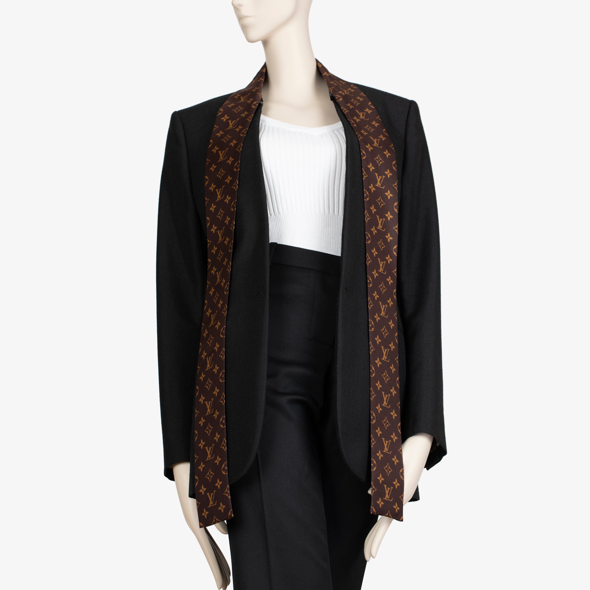 Louis Vuitton Black Tailored Blazer with Removable Monogram Scarf – Size 36