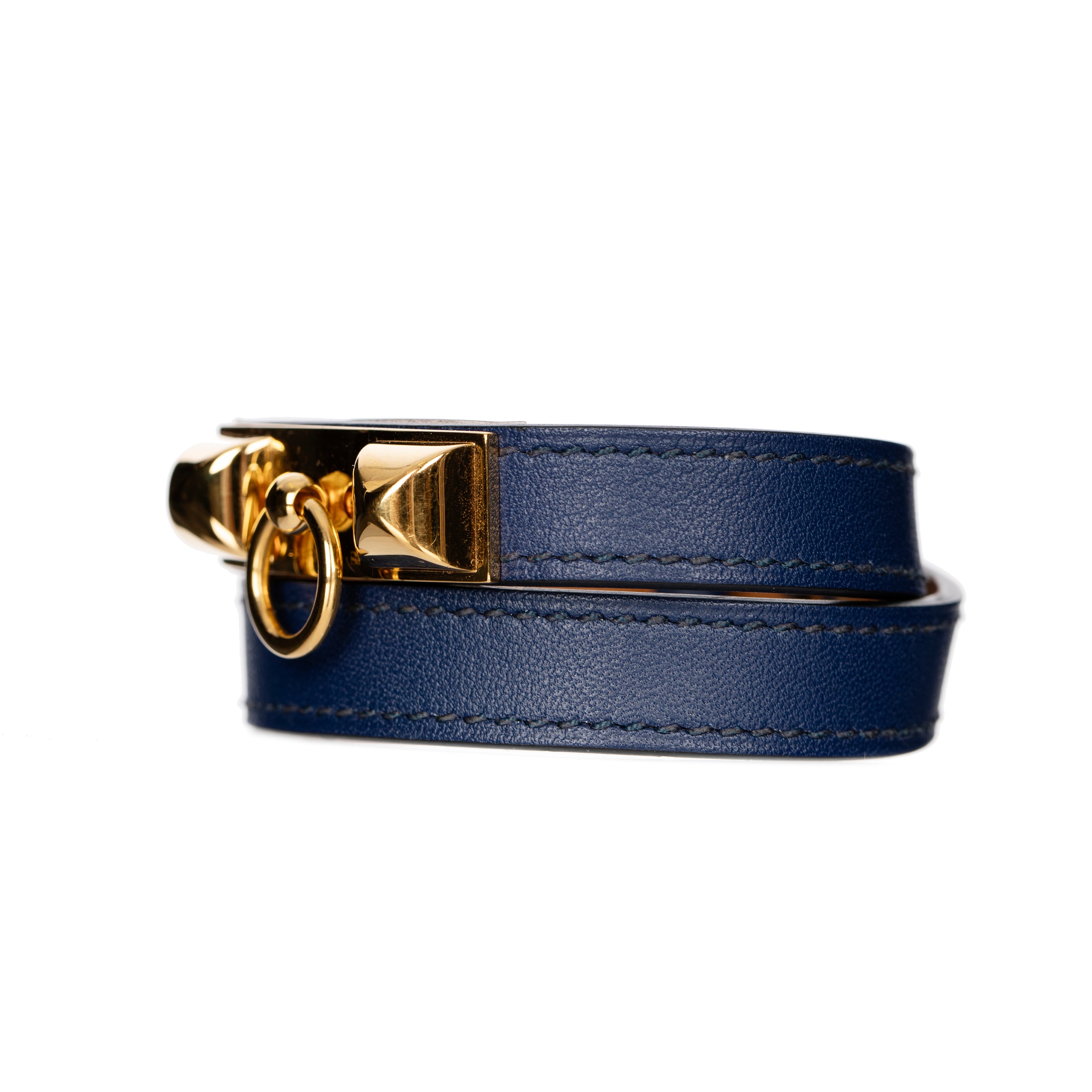 Hermes Rivale Double Tour Navy Bracelet With Gold Tone Hardware