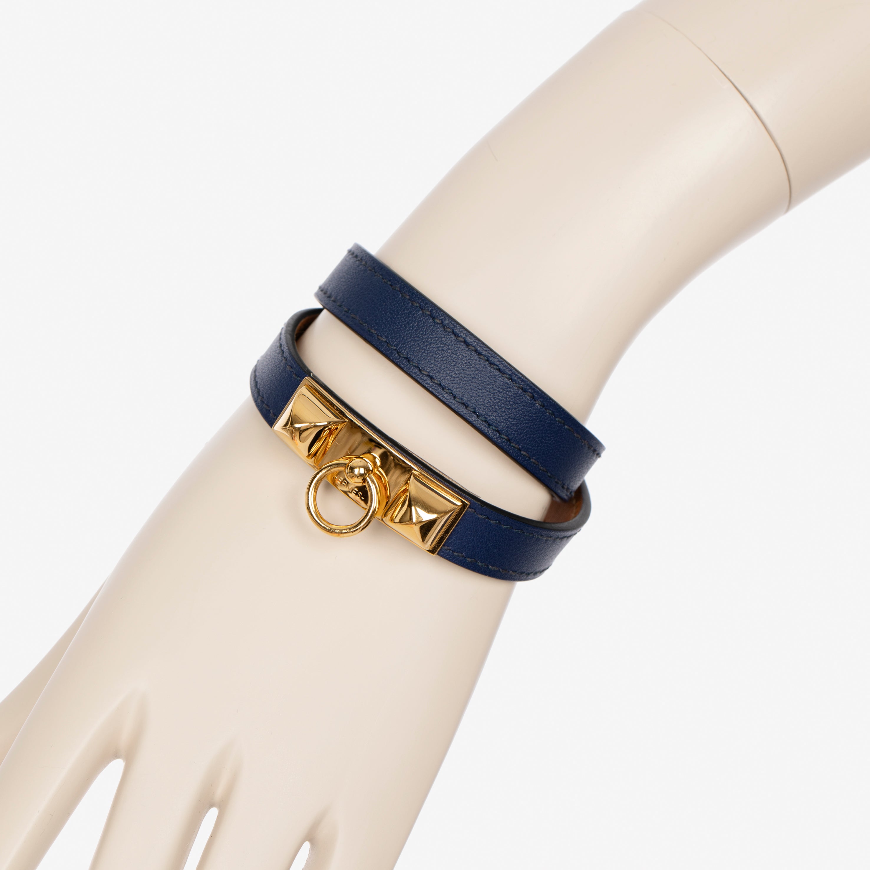Hermes Rivale Double Tour Navy Bracelet With Gold Tone Hardware