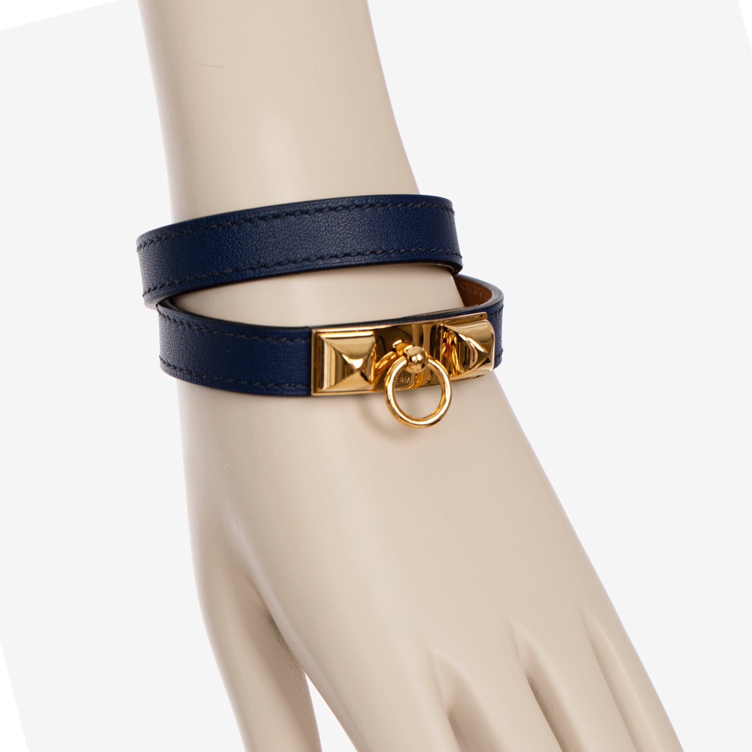 Hermes Rivale Double Tour Navy Bracelet With Gold Tone Hardware