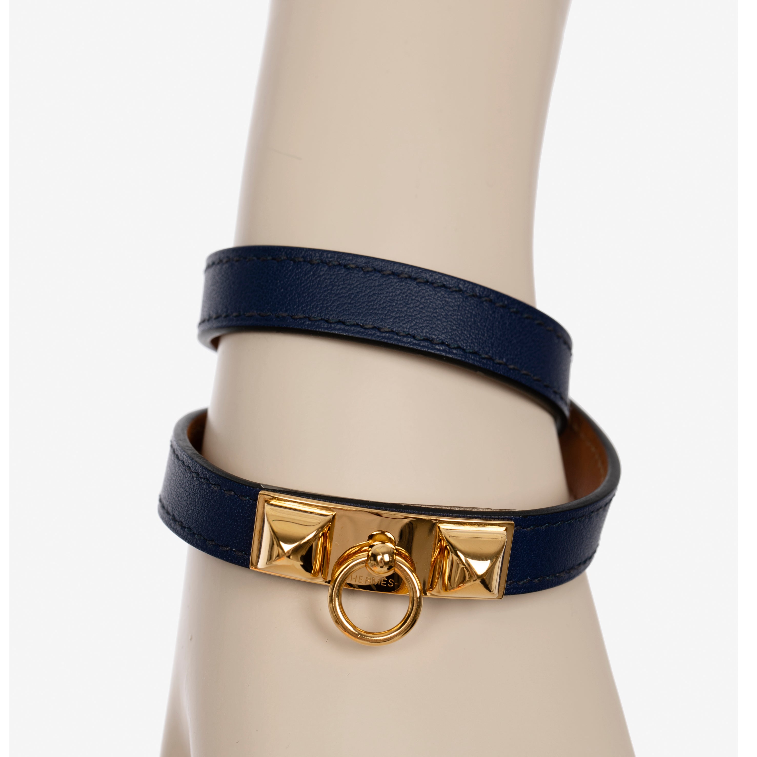 Hermes Rivale Double Tour Navy Bracelet With Gold Tone Hardware