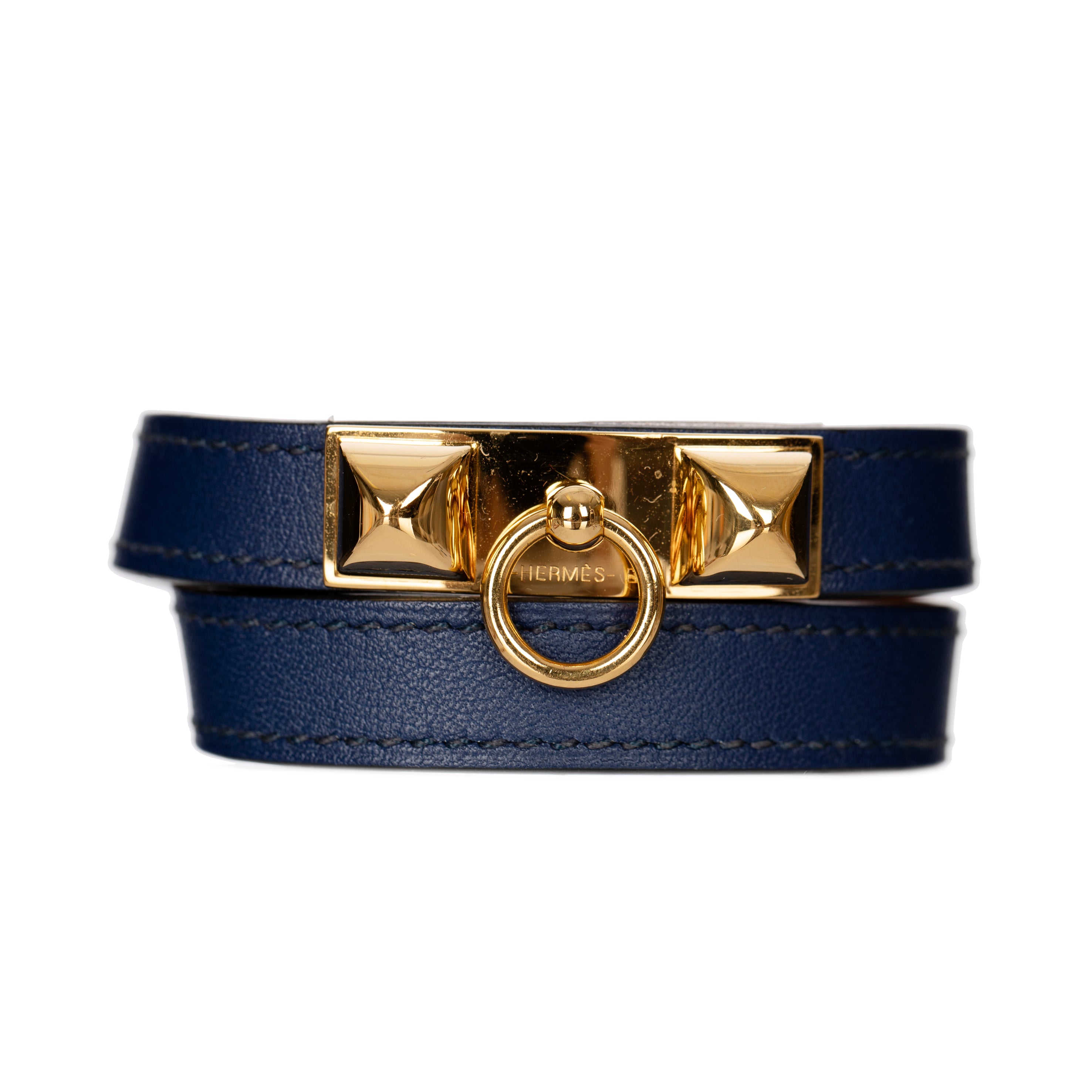 Hermes Rivale Double Tour Navy Bracelet With Gold Tone Hardware