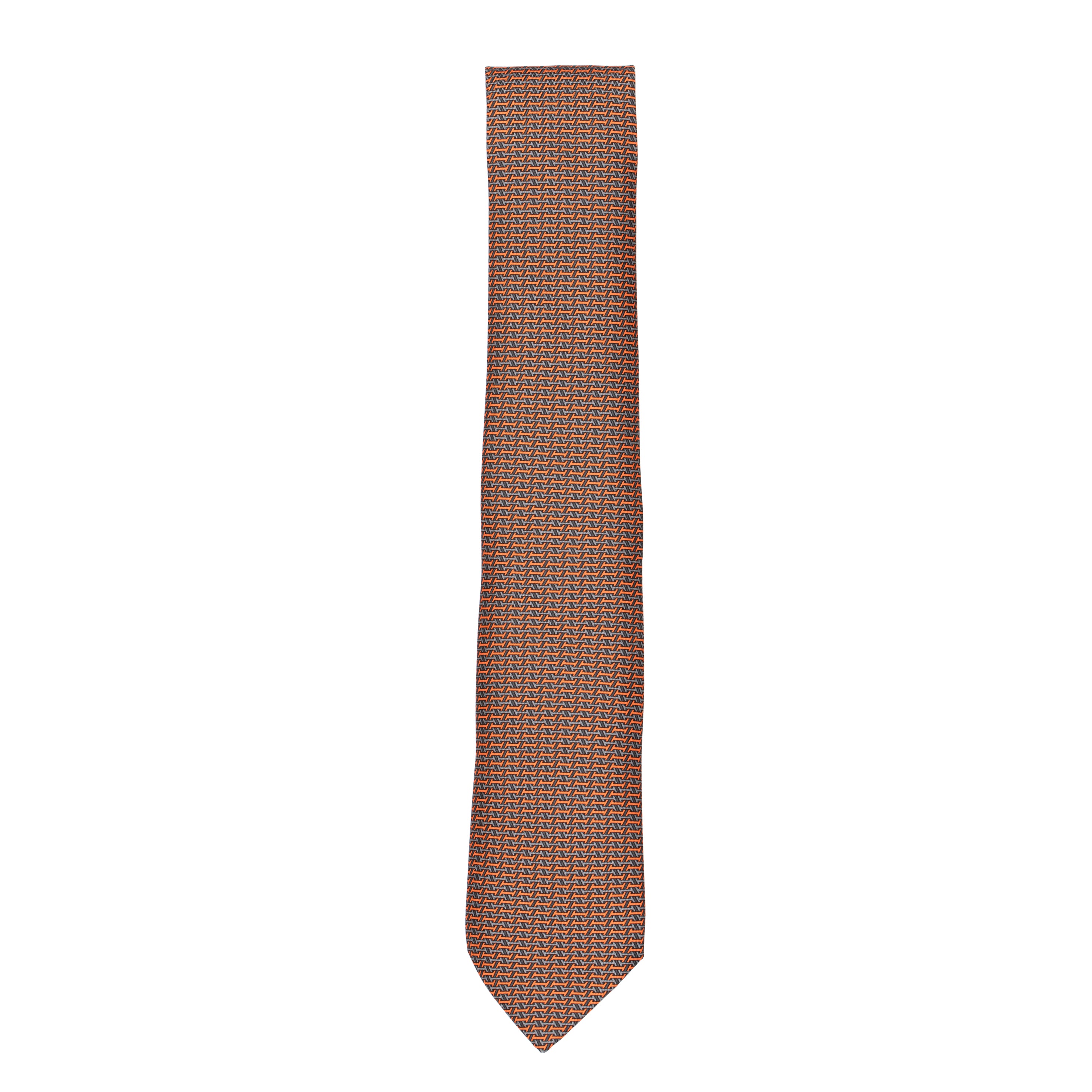 Hermes Mens Orange & Grey H Pattern Silk Tie