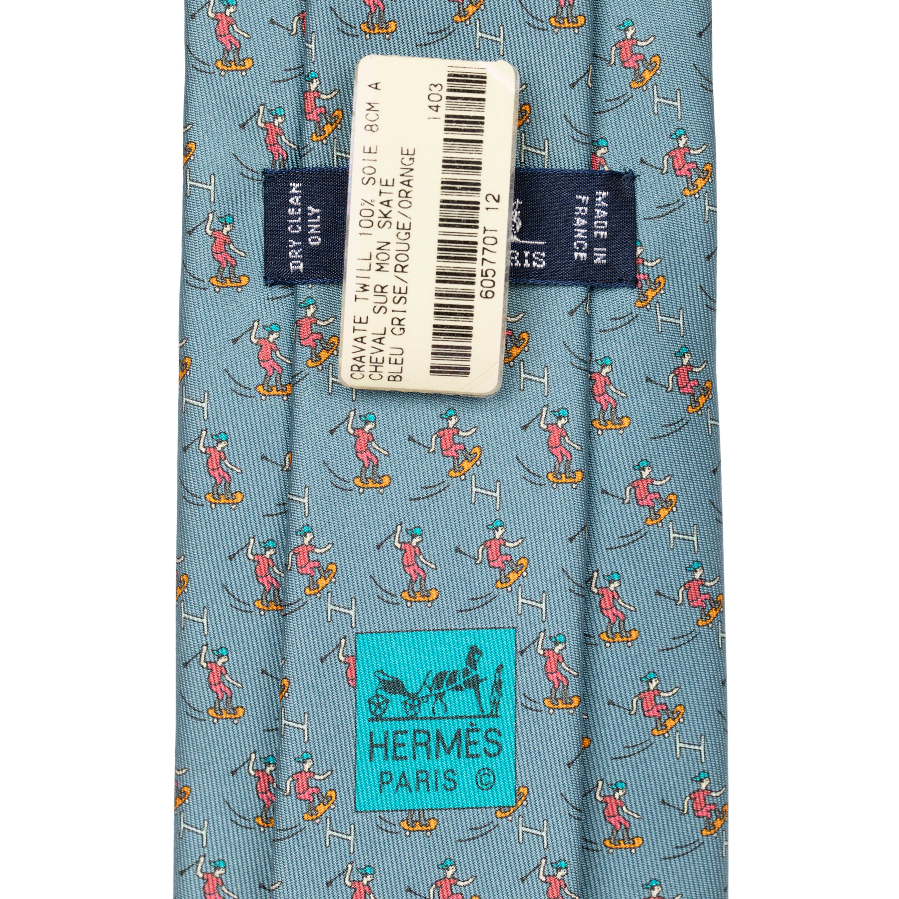 Hermes Mens Blue Tie With Skateboarding Motif