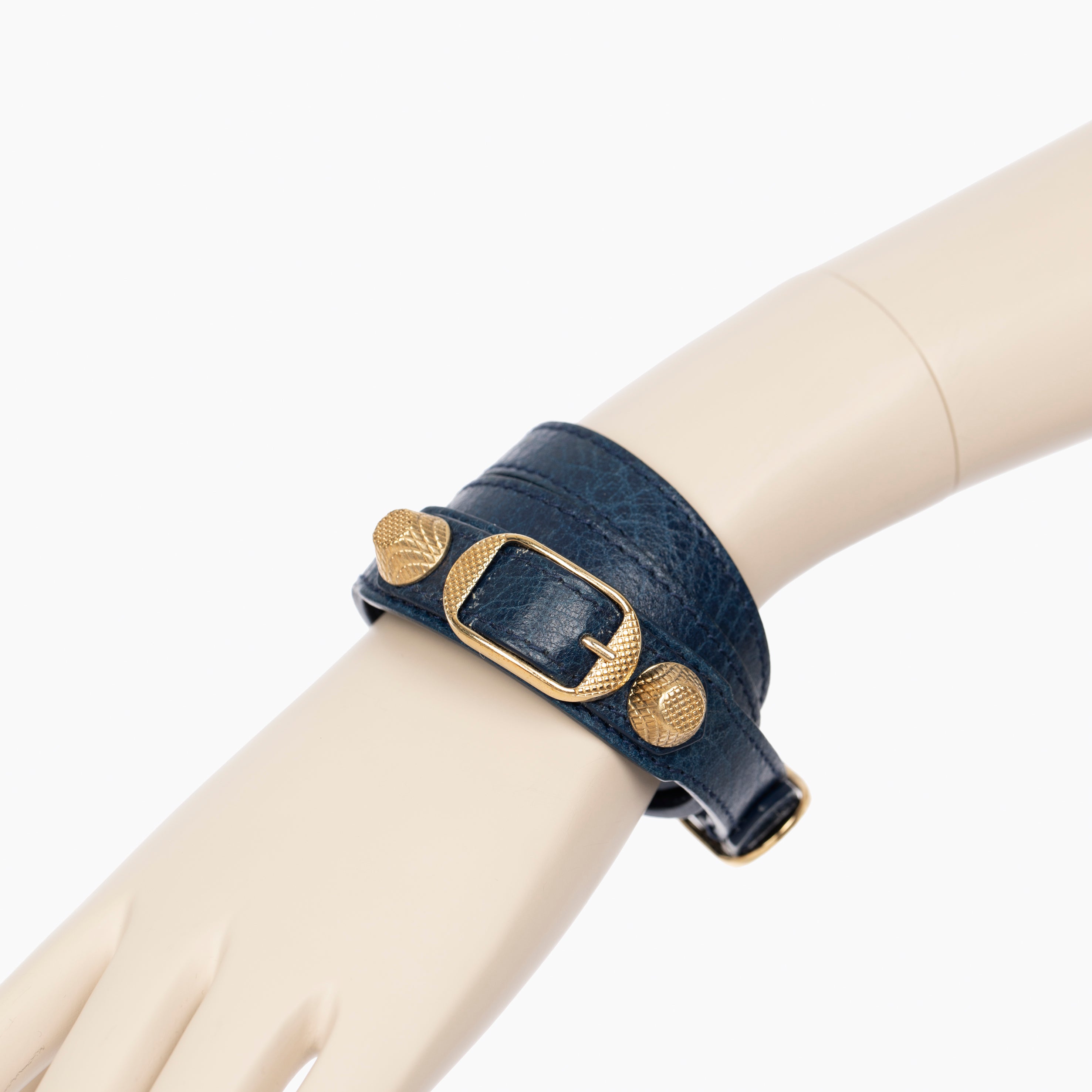 Balenciaga Navy Leather Double Wrap Bracelet With Gold Tone Hardware