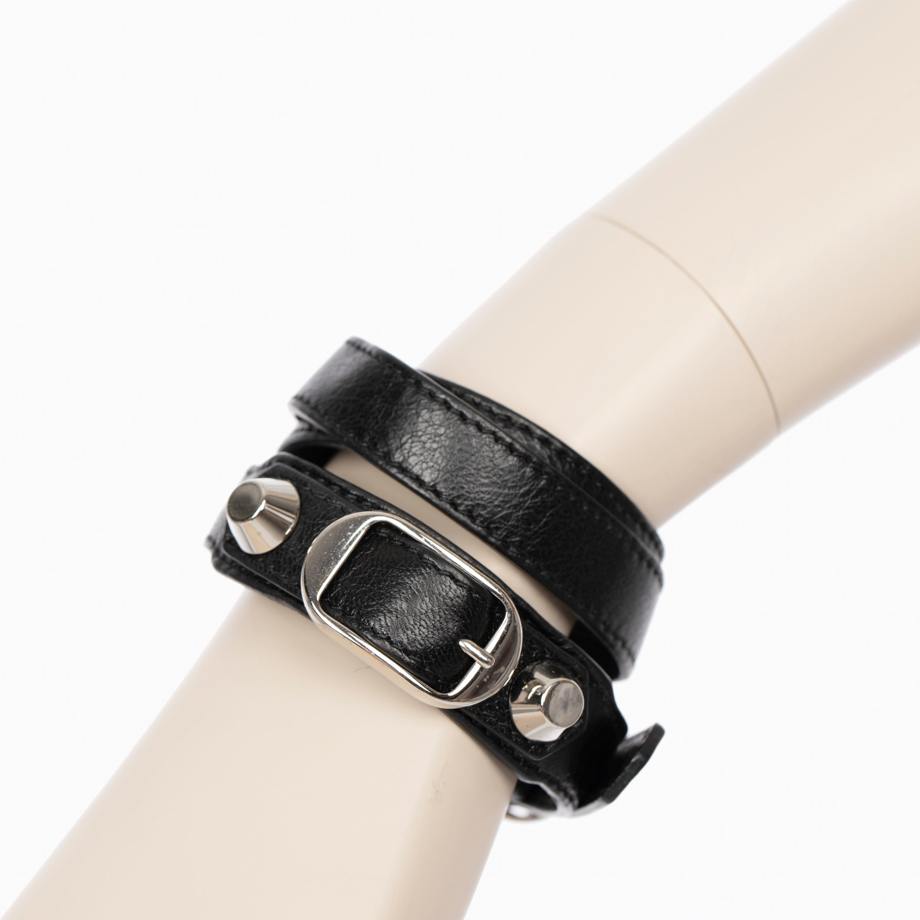 Balenciaga Black Leather Double Wrap Bracelet With Silver Tone Hardware