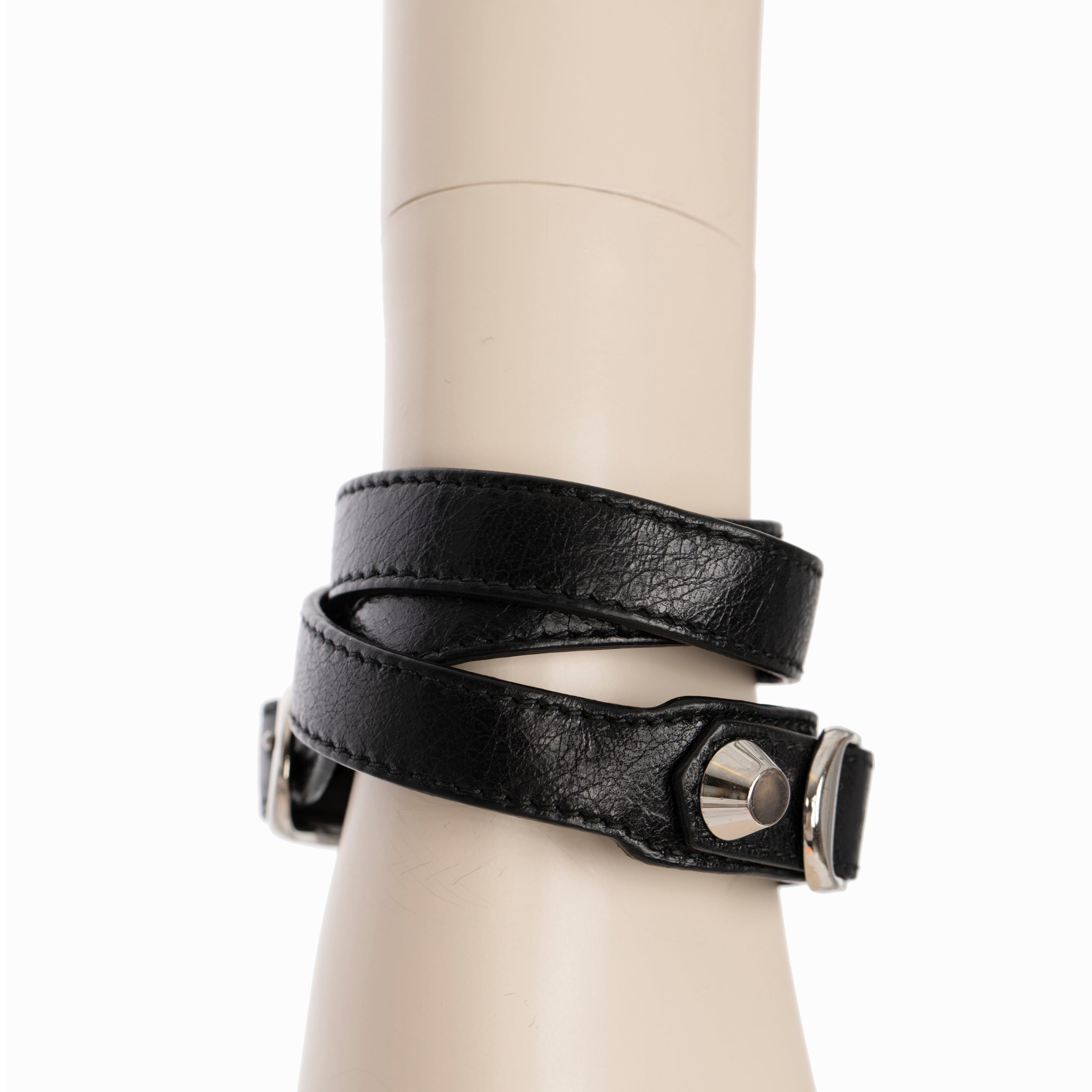 Balenciaga Black Leather Double Wrap Bracelet With Silver Tone Hardware