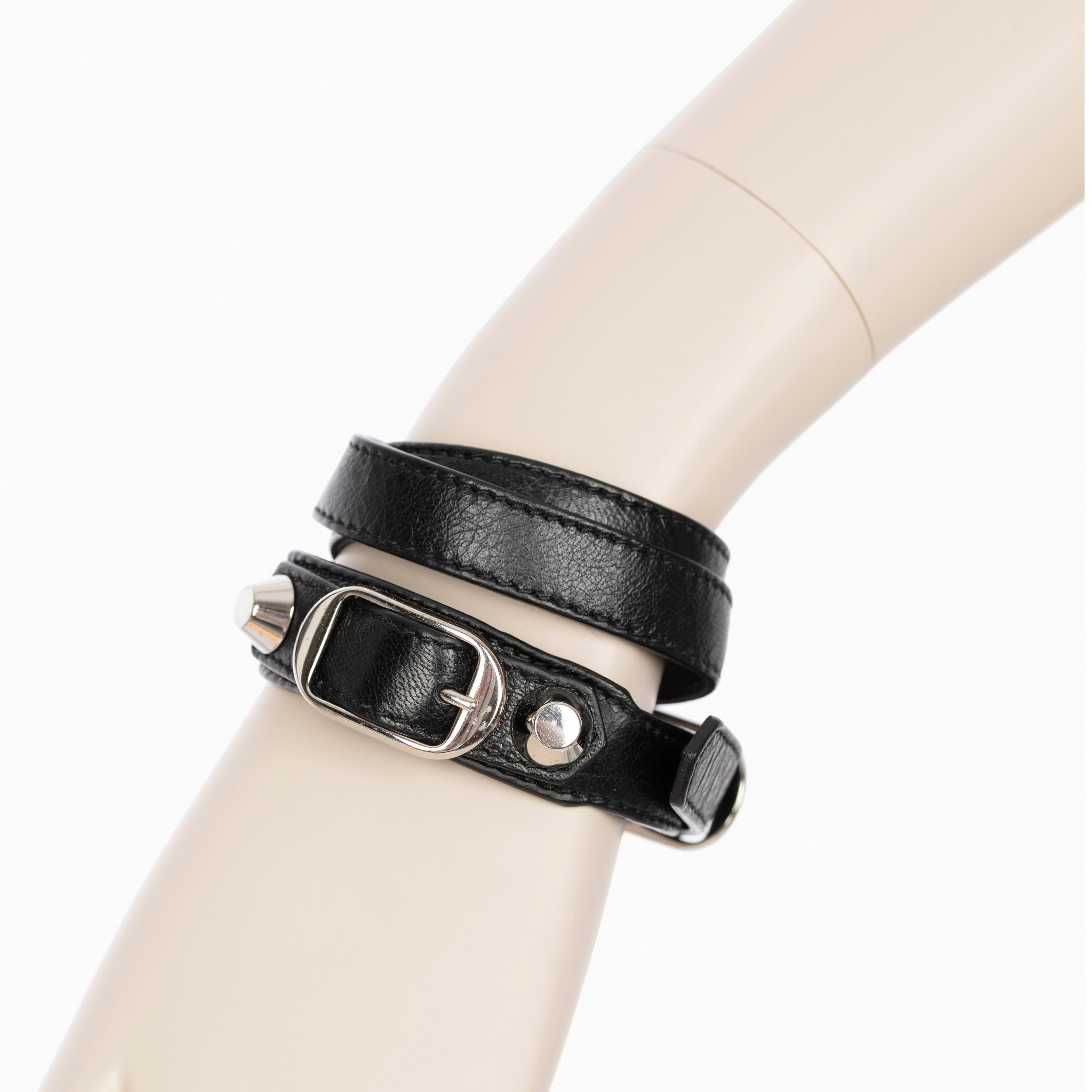 Balenciaga Black Leather Double Wrap Bracelet With Silver Tone Hardware